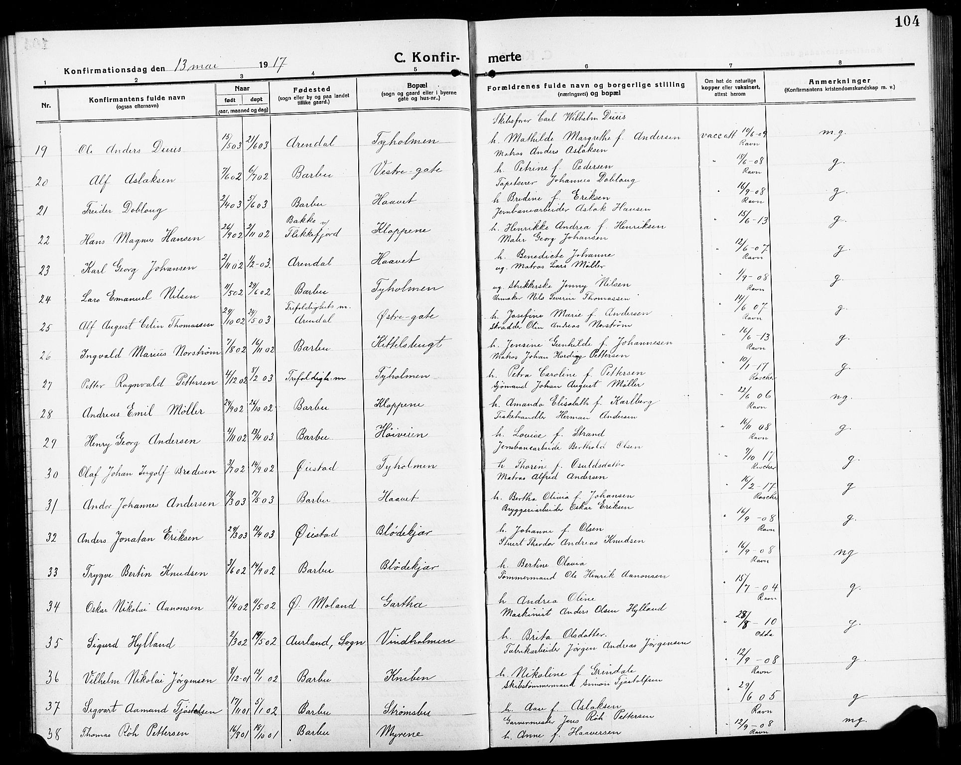 Arendal sokneprestkontor, Trefoldighet, SAK/1111-0040/F/Fb/L0007: Parish register (copy) no. B 7, 1916-1927, p. 104