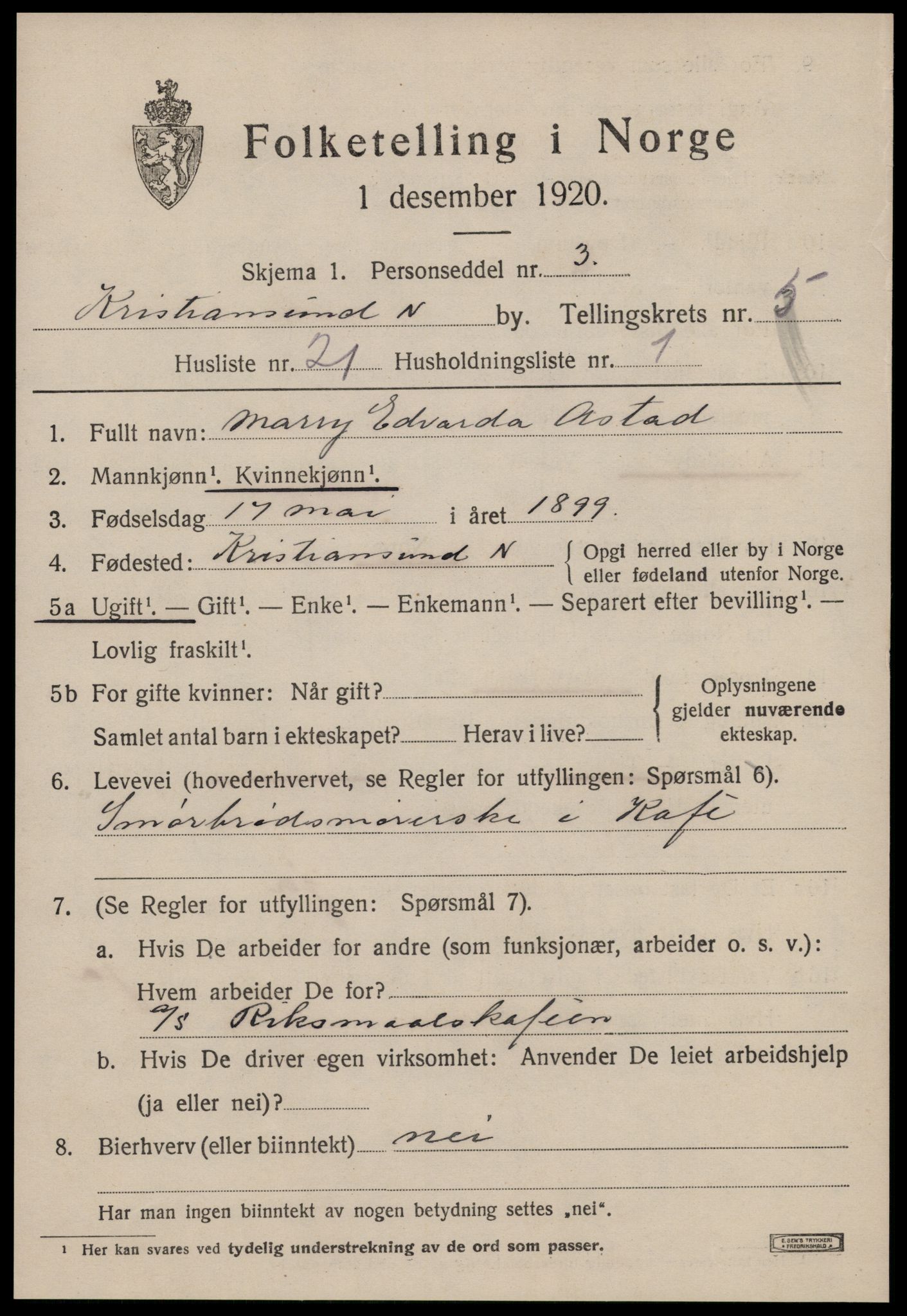 SAT, 1920 census for Kristiansund, 1920, p. 16401