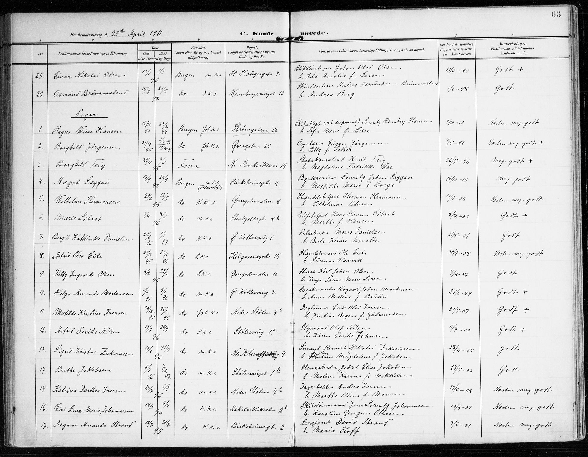 Mariakirken Sokneprestembete, SAB/A-76901/H/Haa/L0014: Parish register (official) no. C 2, 1900-1916, p. 63