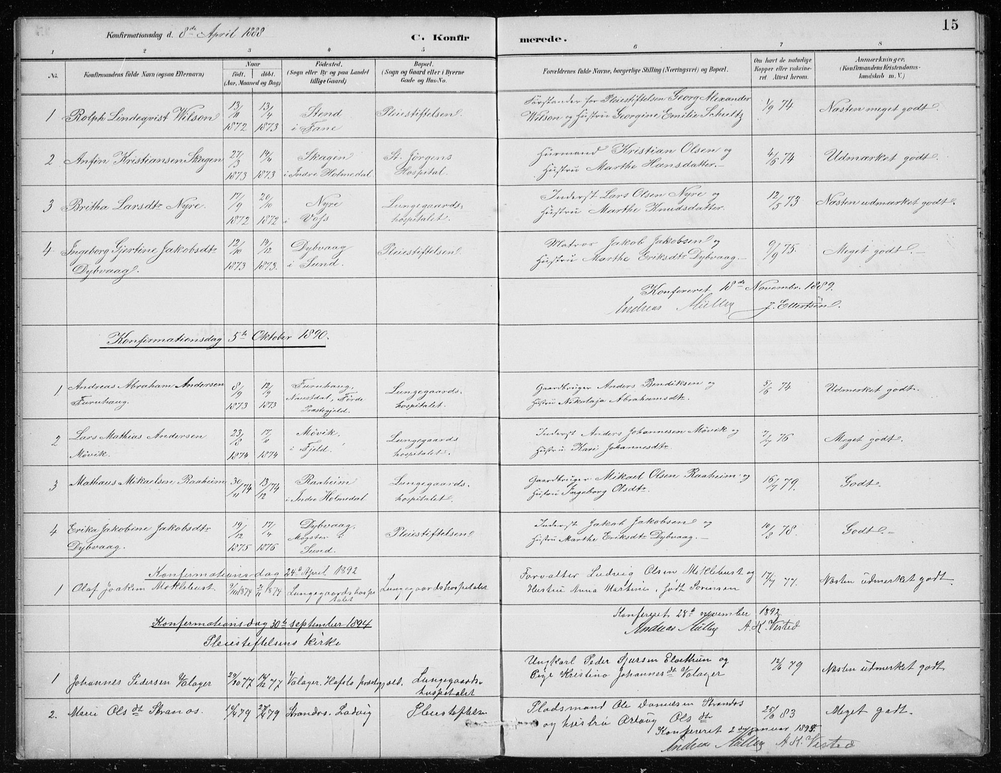 St. Jørgens hospital og Årstad sokneprestembete, AV/SAB-A-99934: Parish register (copy) no. A 10, 1886-1910, p. 15