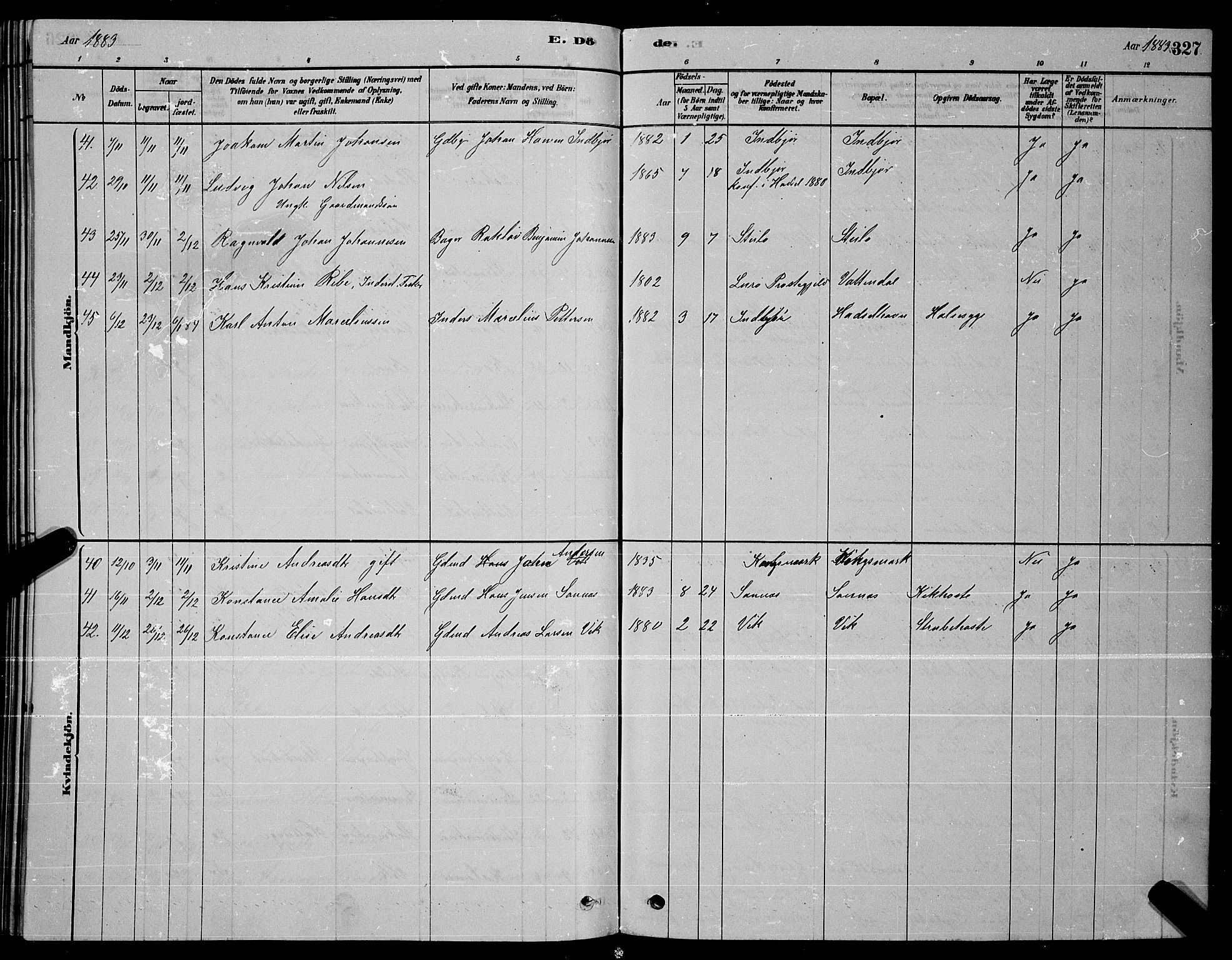 Ministerialprotokoller, klokkerbøker og fødselsregistre - Nordland, AV/SAT-A-1459/888/L1267: Parish register (copy) no. 888C05, 1878-1890, p. 327