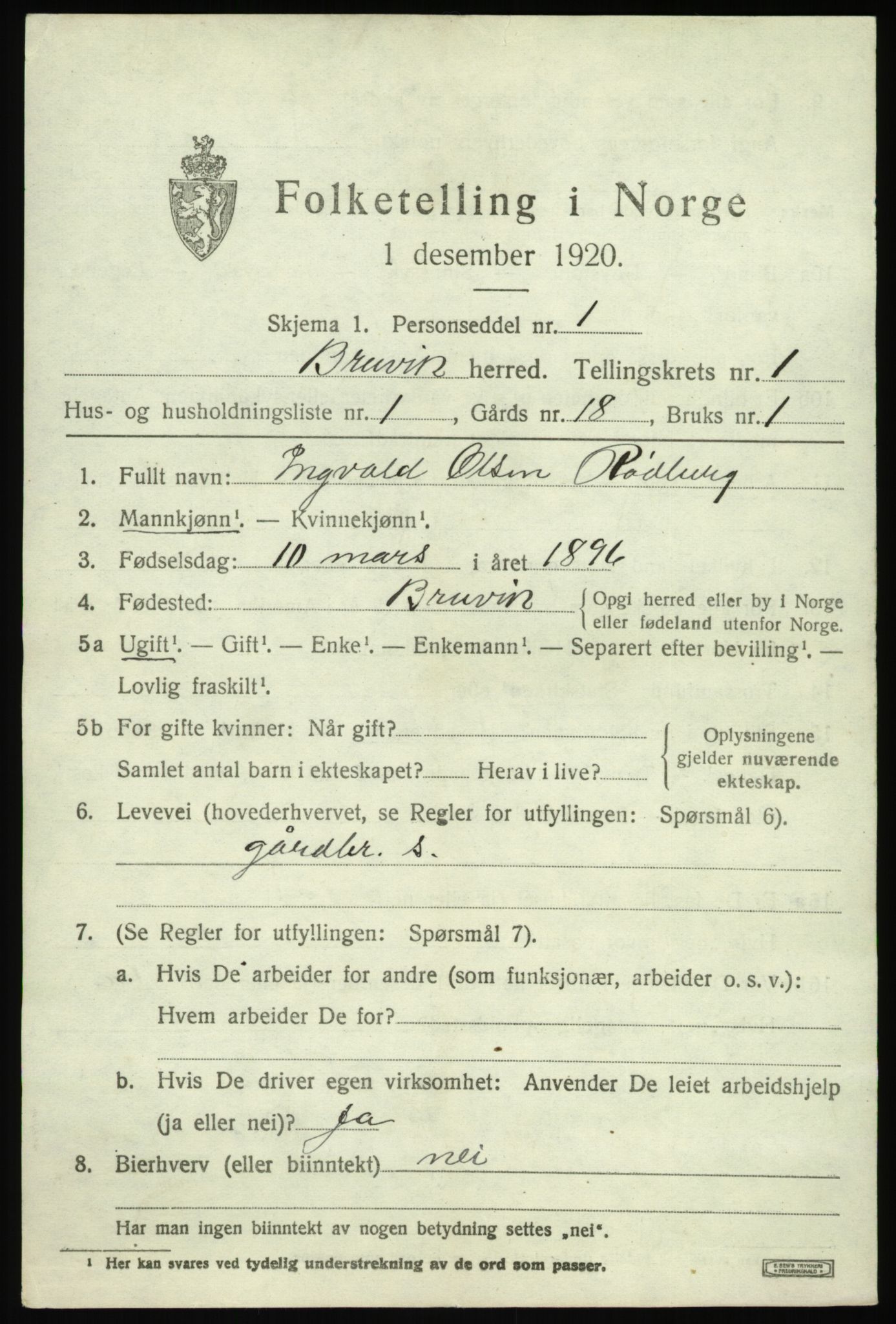 SAB, 1920 census for Bruvik, 1920, p. 1098