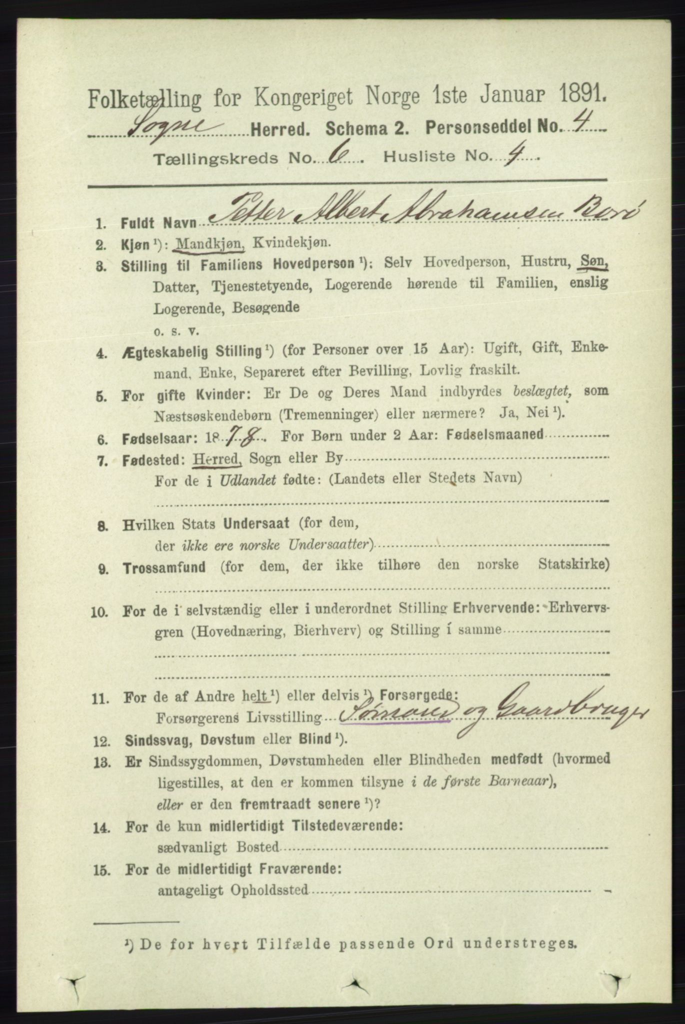 RA, 1891 census for 1018 Søgne, 1891, p. 1386
