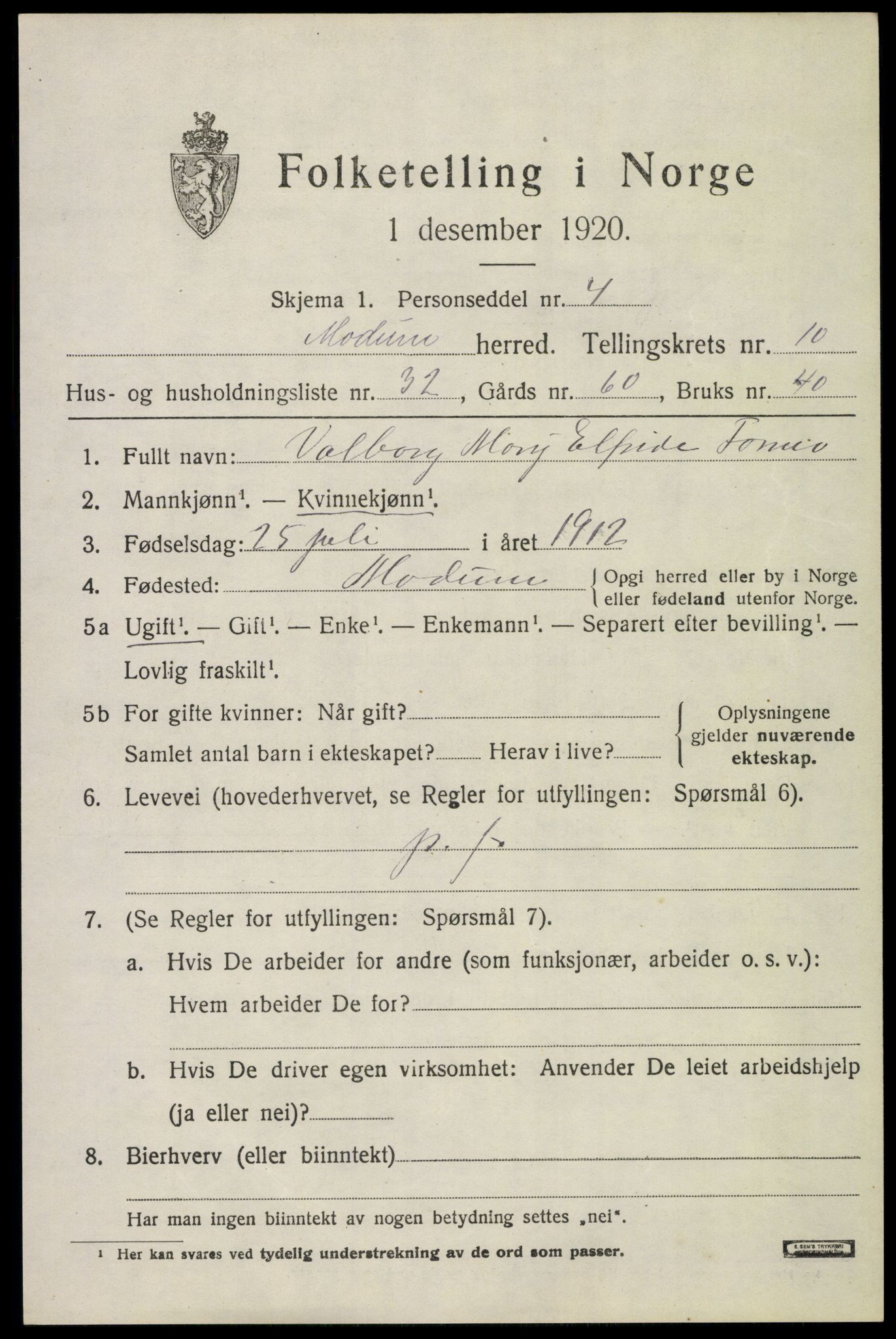 SAKO, 1920 census for Modum, 1920, p. 13285