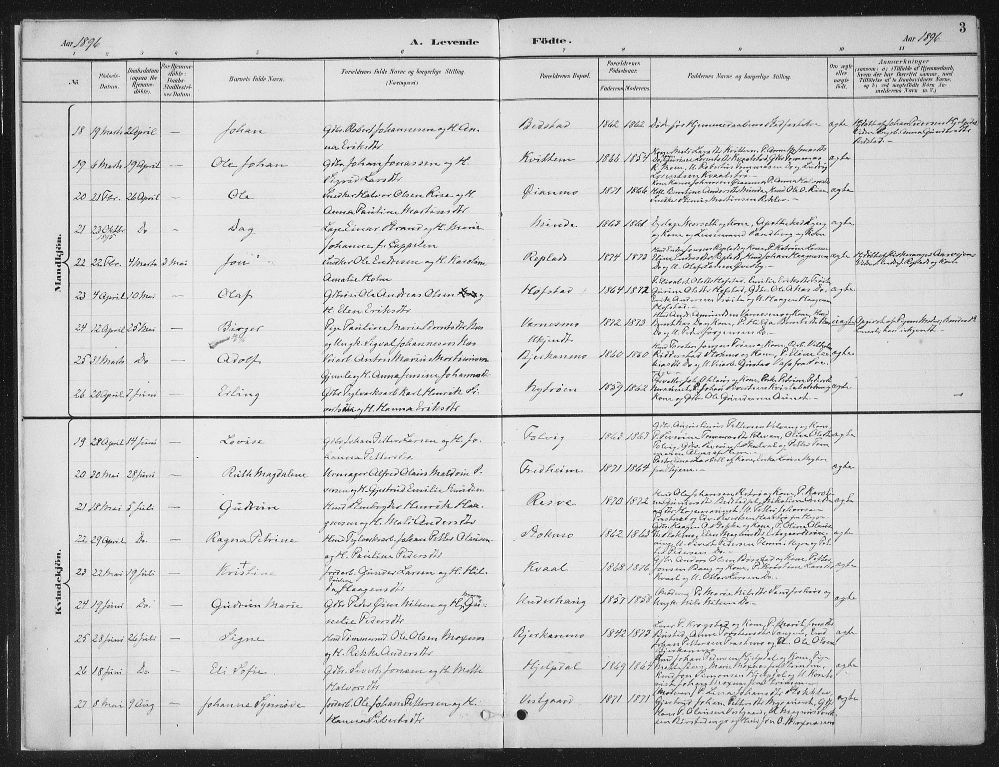 Ministerialprotokoller, klokkerbøker og fødselsregistre - Nord-Trøndelag, AV/SAT-A-1458/709/L0082: Parish register (official) no. 709A22, 1896-1916, p. 3