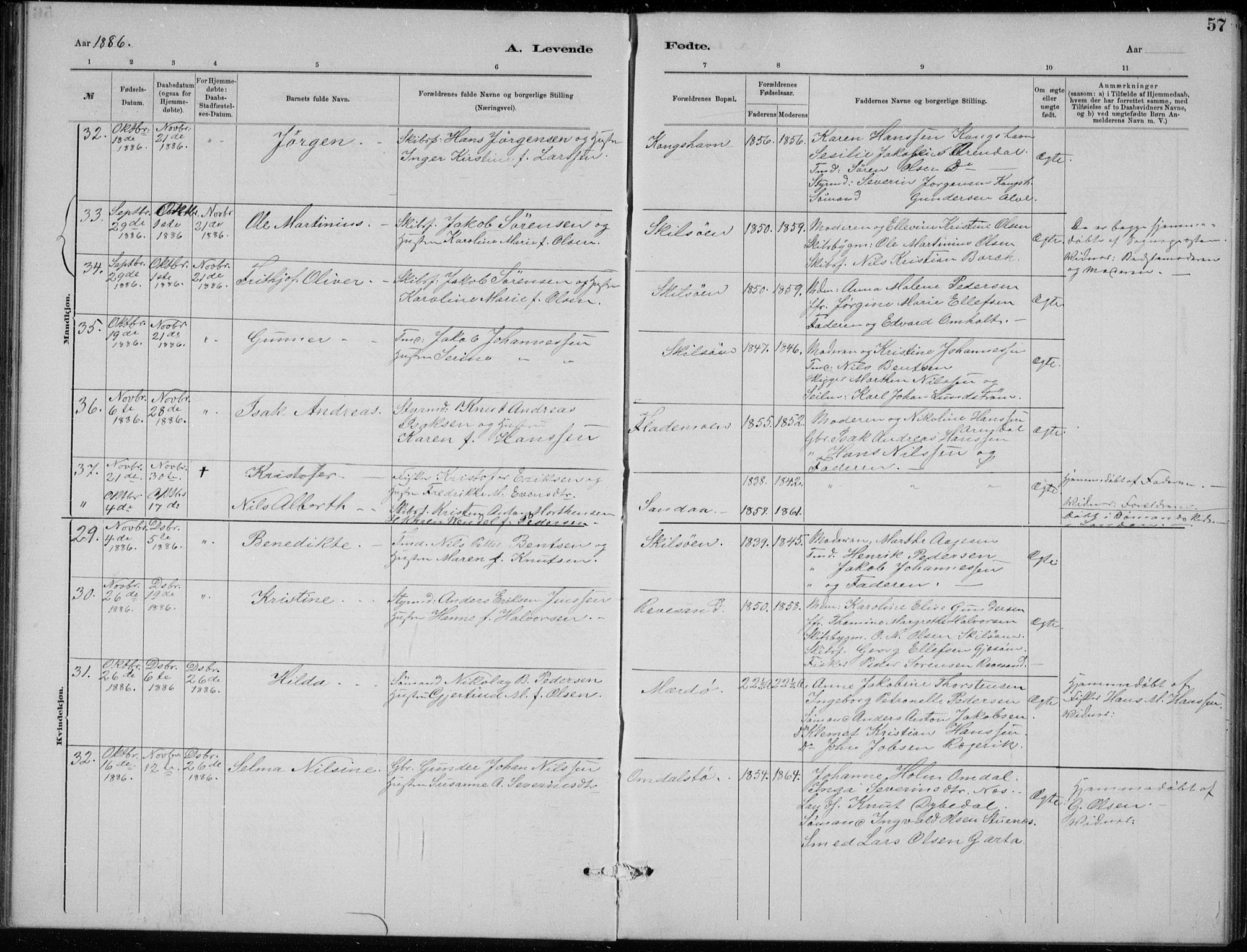 Tromøy sokneprestkontor, SAK/1111-0041/F/Fb/L0005: Parish register (copy) no. B 5, 1877-1891, p. 57