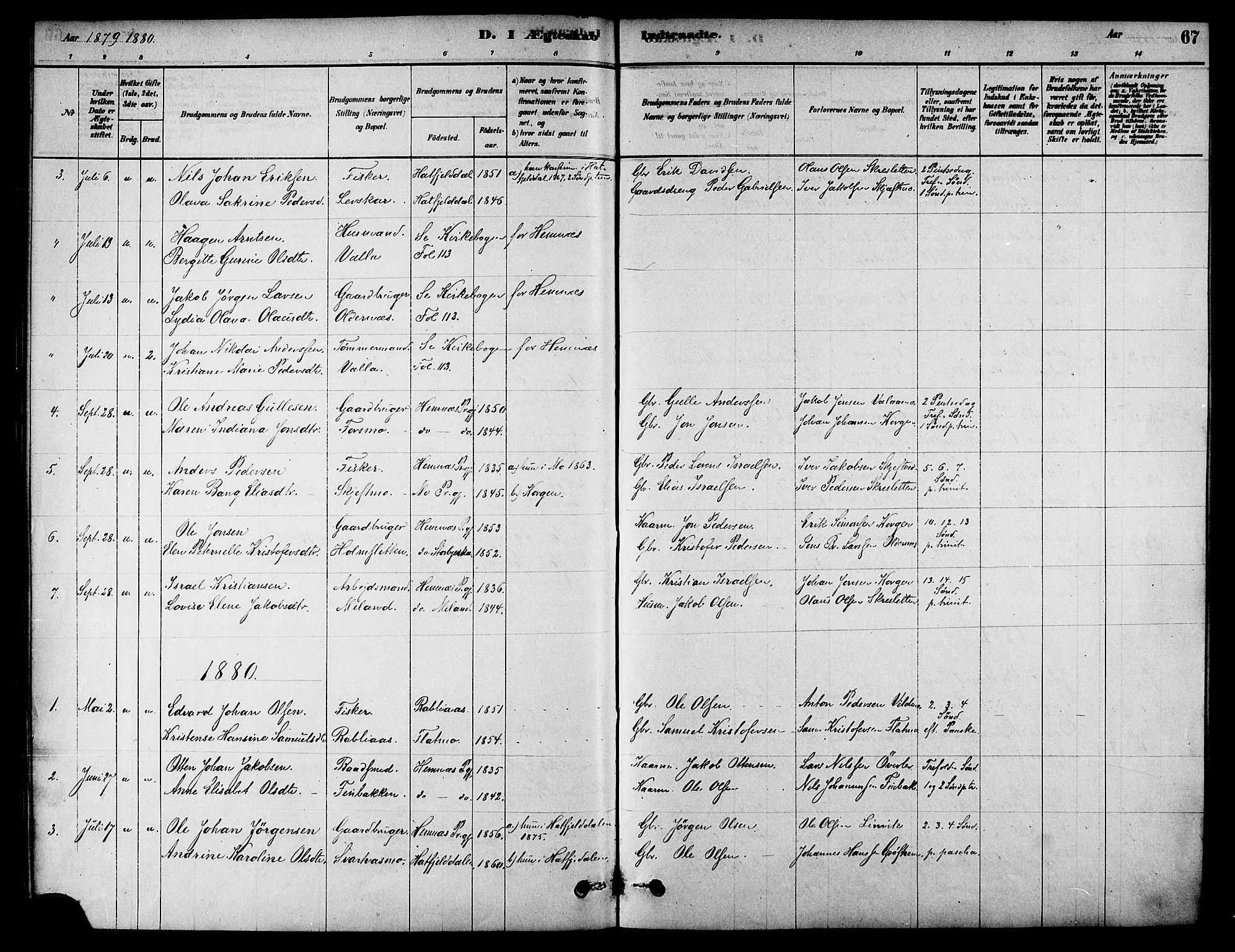 Ministerialprotokoller, klokkerbøker og fødselsregistre - Nordland, AV/SAT-A-1459/826/L0379: Parish register (official) no. 826A02, 1878-1895, p. 67