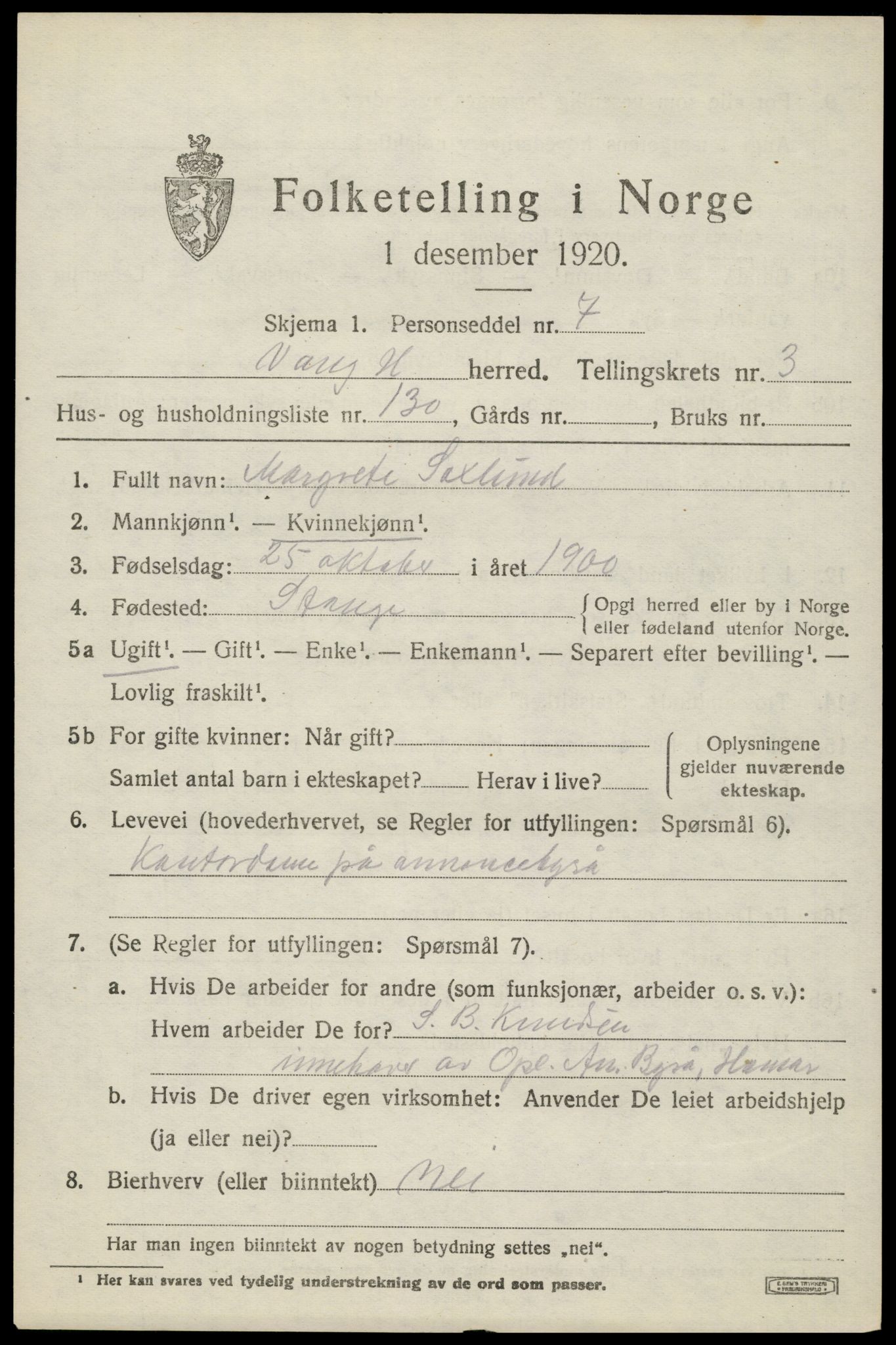 SAH, 1920 census for Vang (Hedmark), 1920, p. 11061