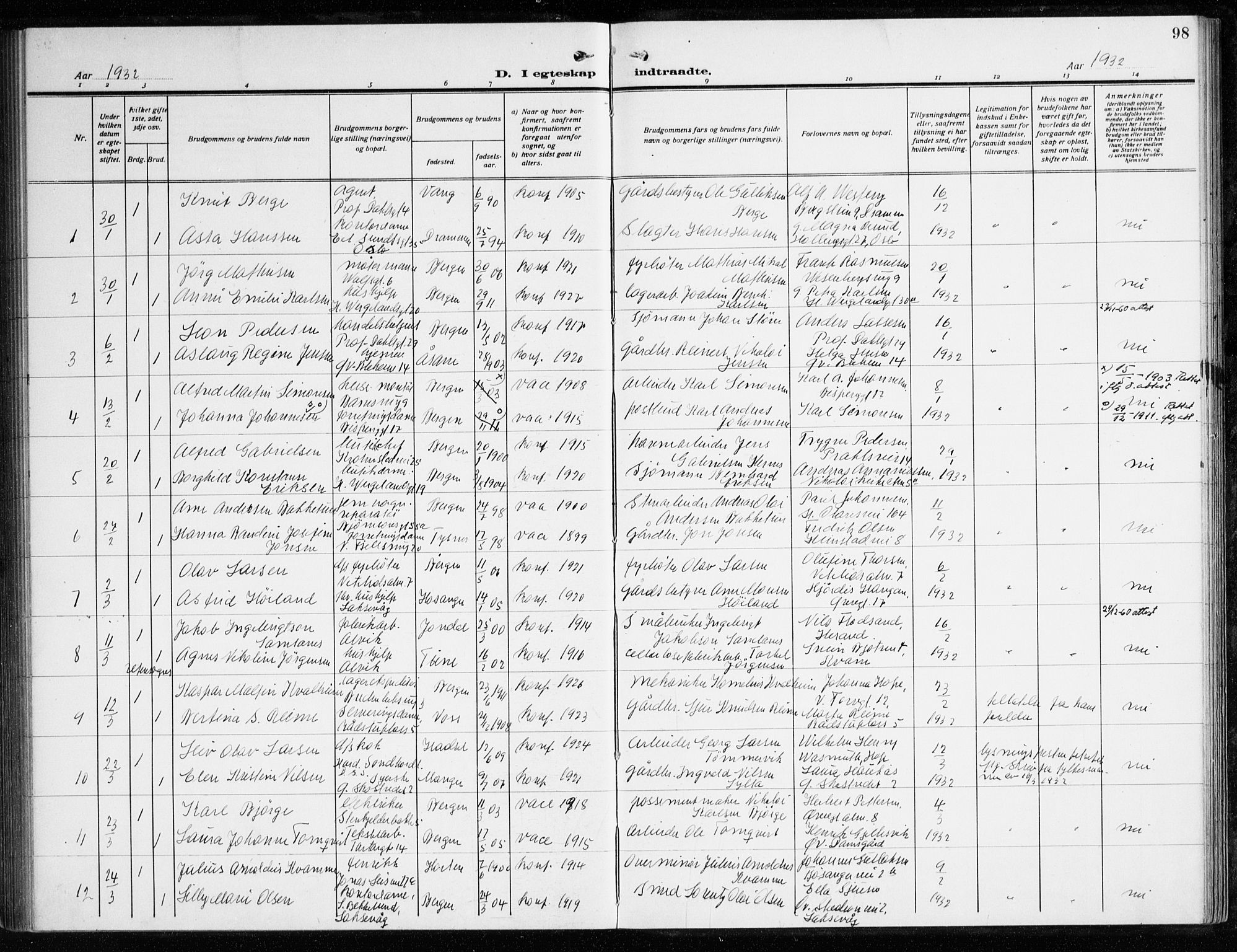 Korskirken sokneprestembete, AV/SAB-A-76101/H/Haa/L0039: Parish register (official) no. D 6, 1919-1938, p. 98