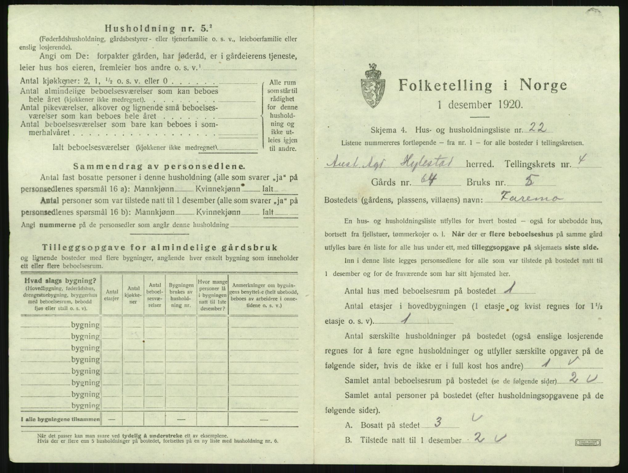 SAK, 1920 census for Hylestad, 1920, p. 228