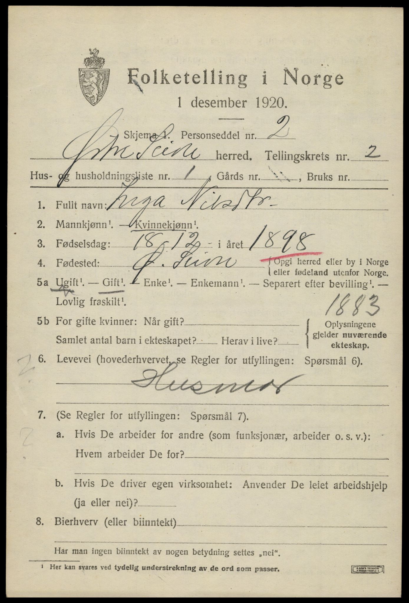 SAH, 1920 census for Øystre Slidre, 1920, p. 1425