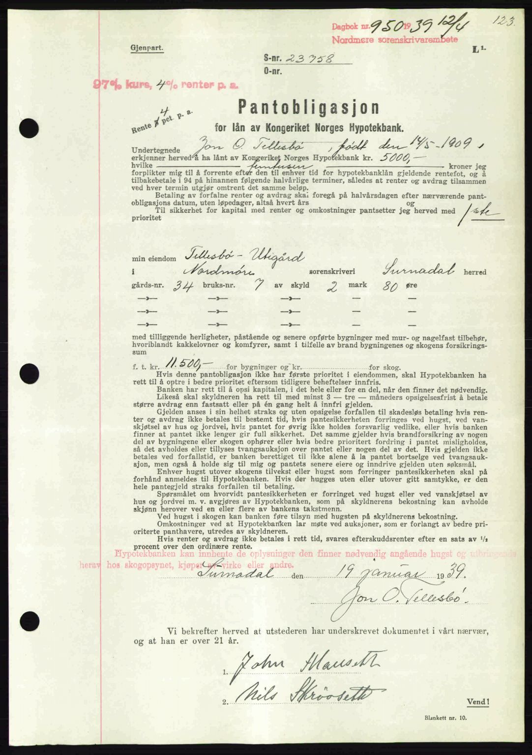 Nordmøre sorenskriveri, AV/SAT-A-4132/1/2/2Ca: Mortgage book no. B85, 1939-1939, Diary no: : 950/1939