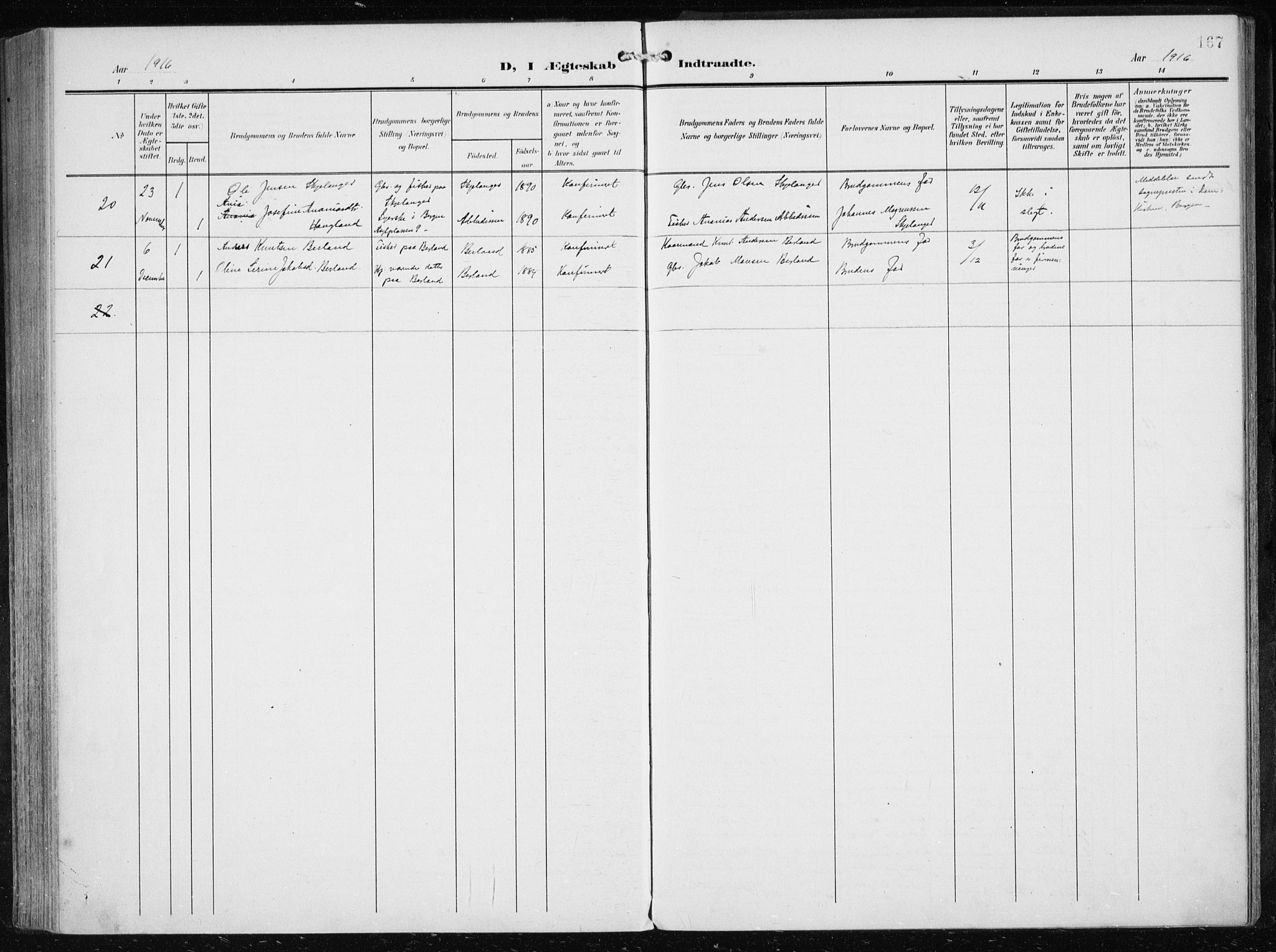Herdla Sokneprestembete, SAB/A-75701/H/Haa: Parish register (official) no. A 5, 1905-1918, p. 167