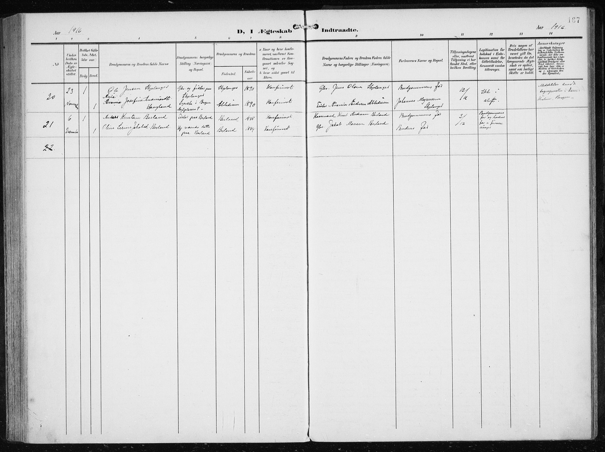 Herdla Sokneprestembete, AV/SAB-A-75701/H/Haa: Parish register (official) no. A 5, 1905-1918, p. 167