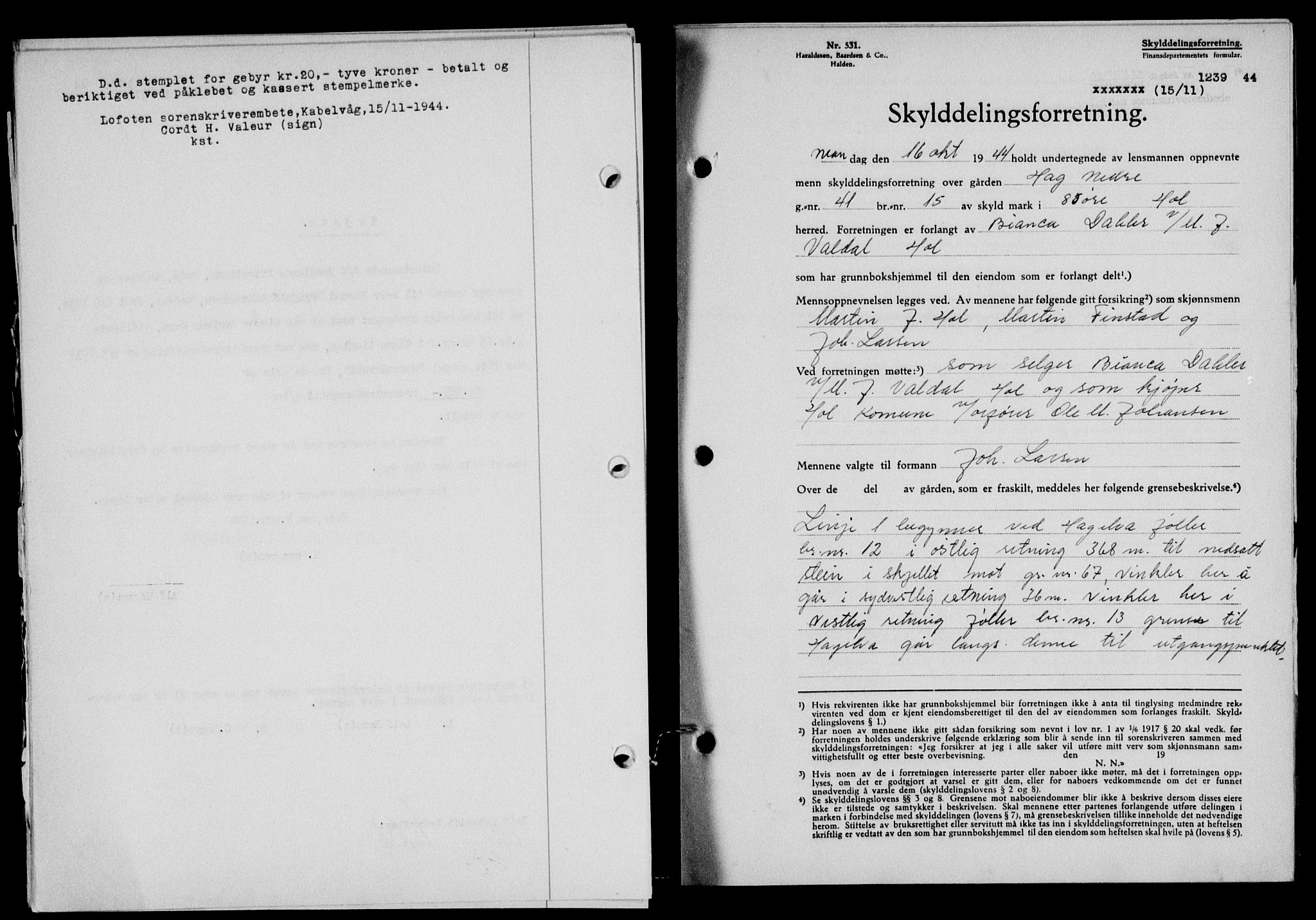 Lofoten sorenskriveri, SAT/A-0017/1/2/2C/L0012a: Mortgage book no. 12a, 1943-1944, Diary no: : 1239/1944