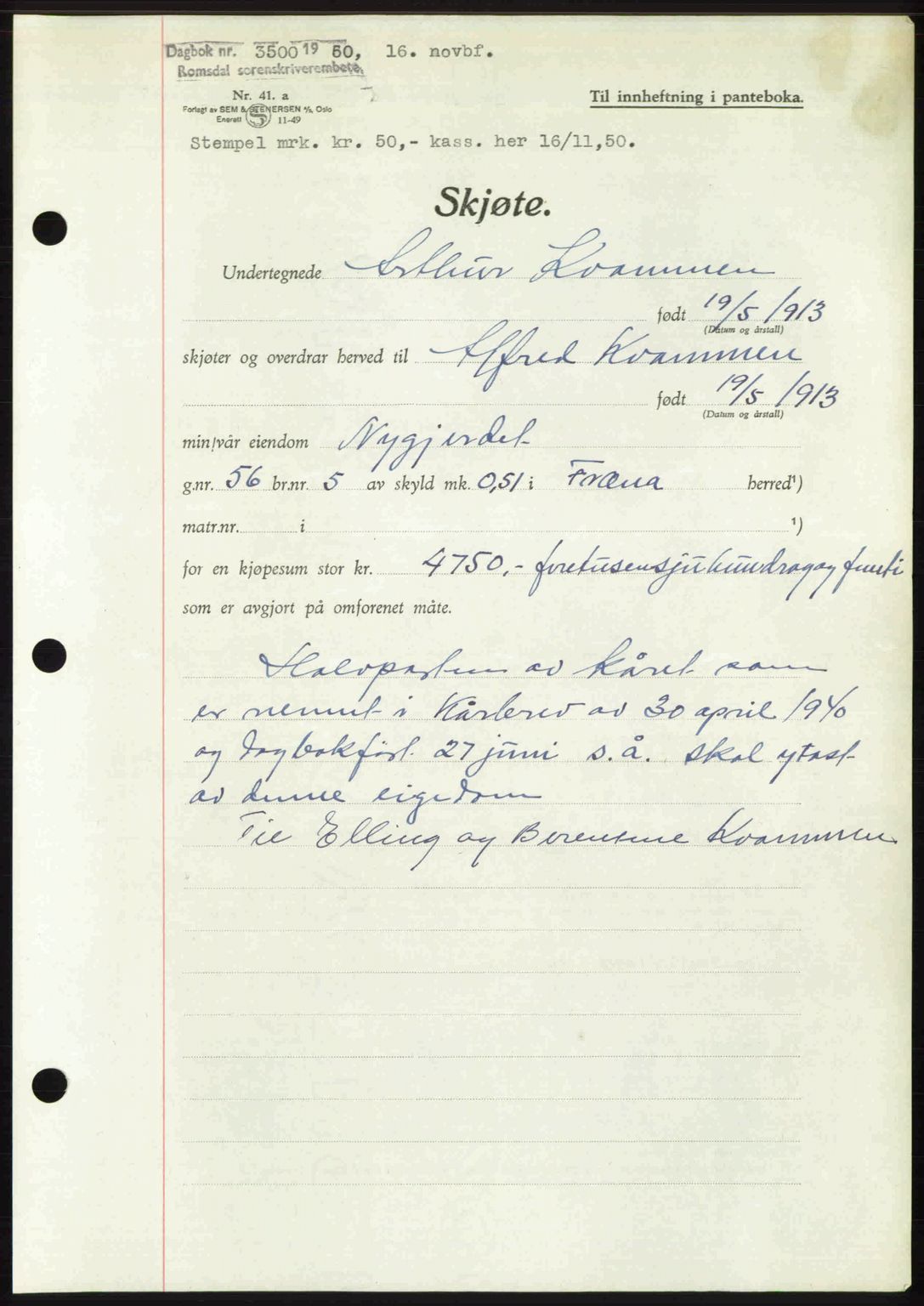 Romsdal sorenskriveri, AV/SAT-A-4149/1/2/2C: Mortgage book no. A34, 1950-1950, Diary no: : 3500/1950