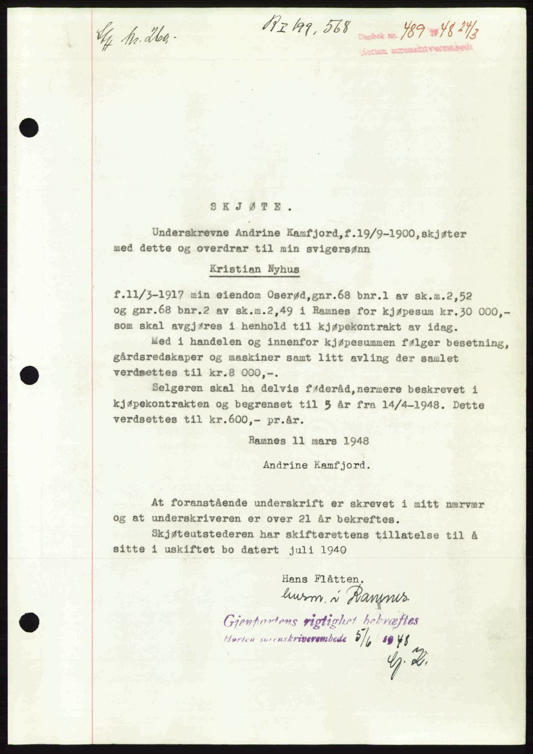 Horten sorenskriveri, AV/SAKO-A-133/G/Ga/Gaa/L0010: Mortgage book no. A-10, 1947-1948, Diary no: : 489/1948