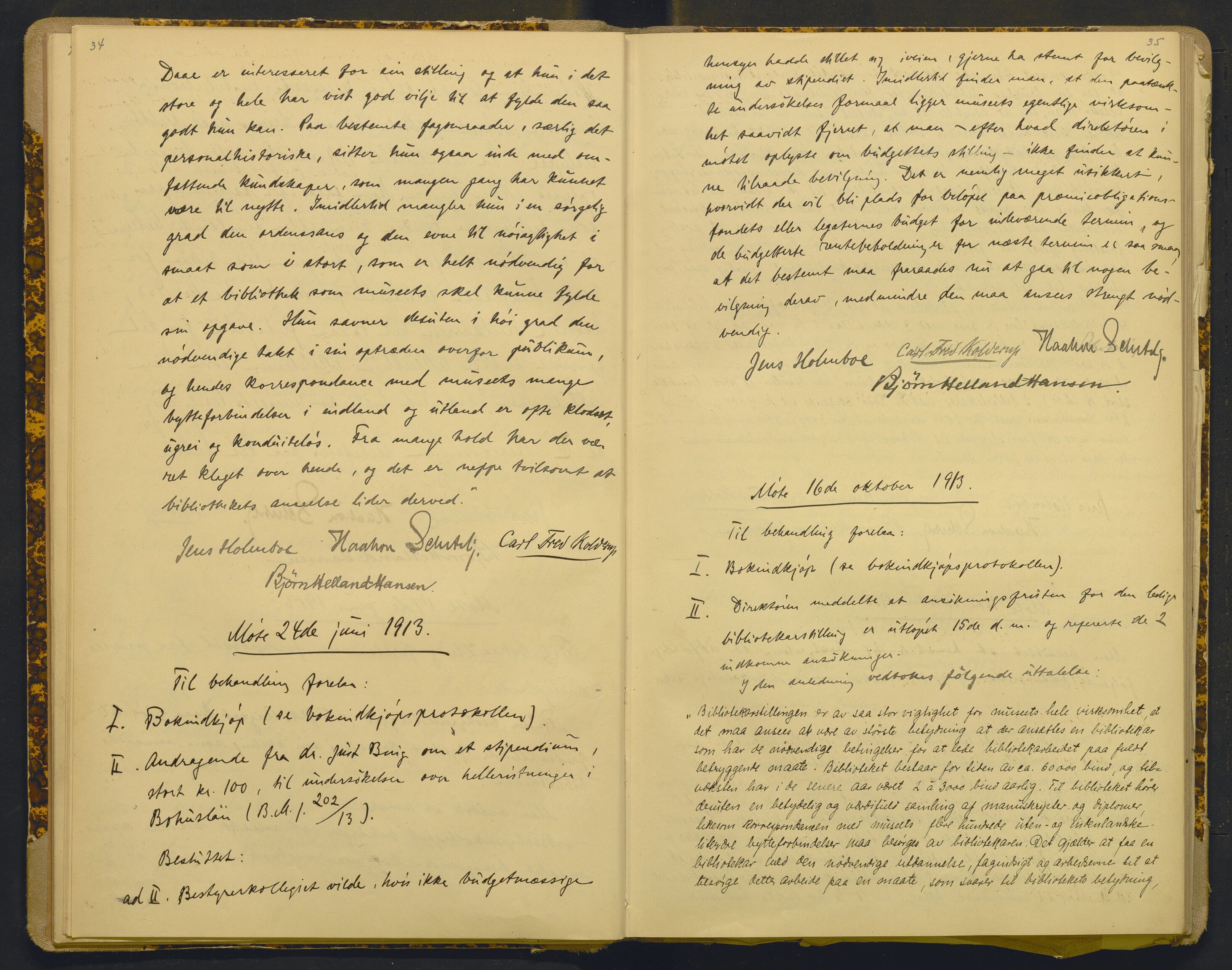 Bergens Museum, AV/SAB-A-17301/18/A/L0001: Bestyrerkollegiets forhandlingsprotokoll med register , 1907-1927, p. 34-35