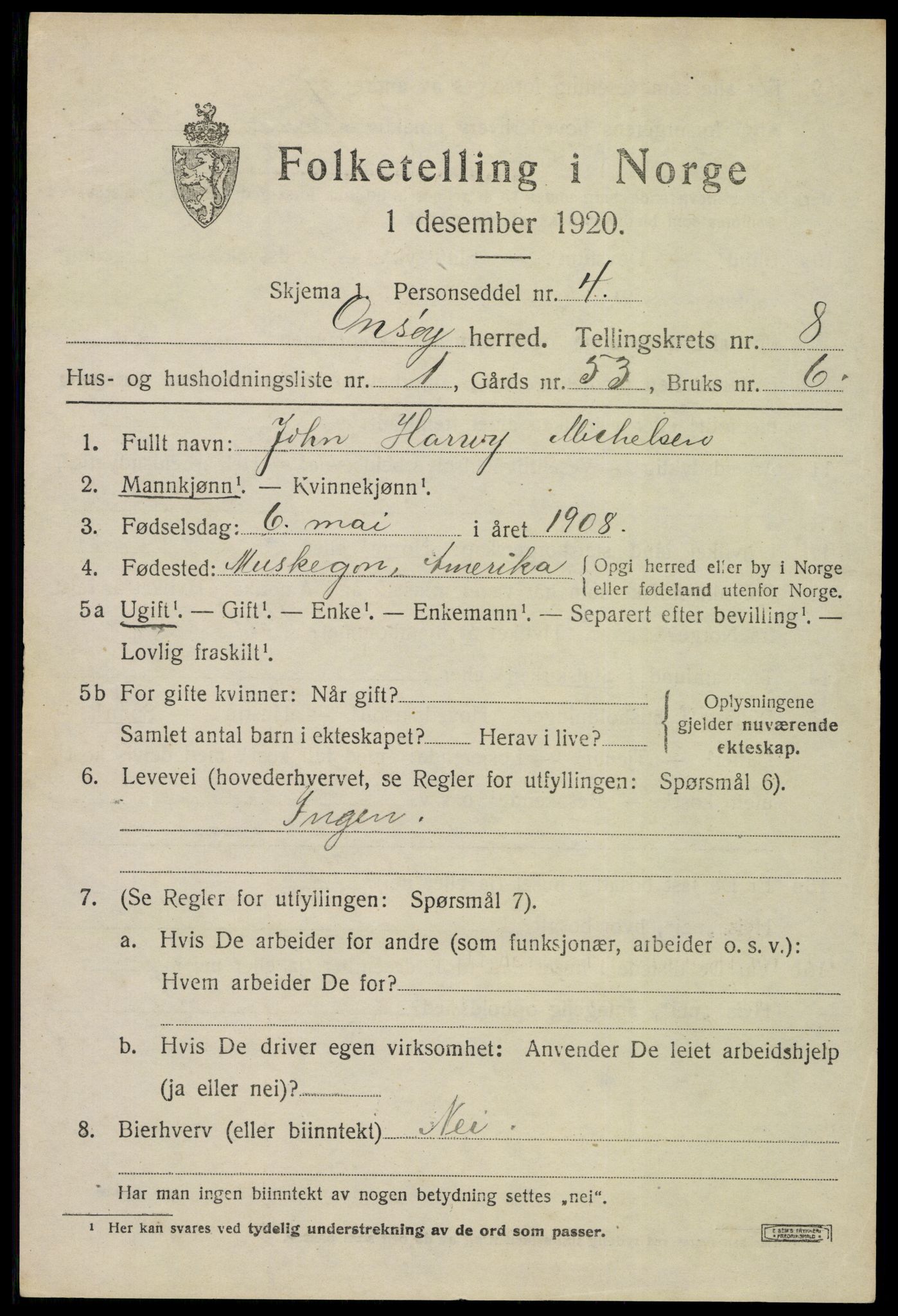 SAO, 1920 census for Onsøy, 1920, p. 11846