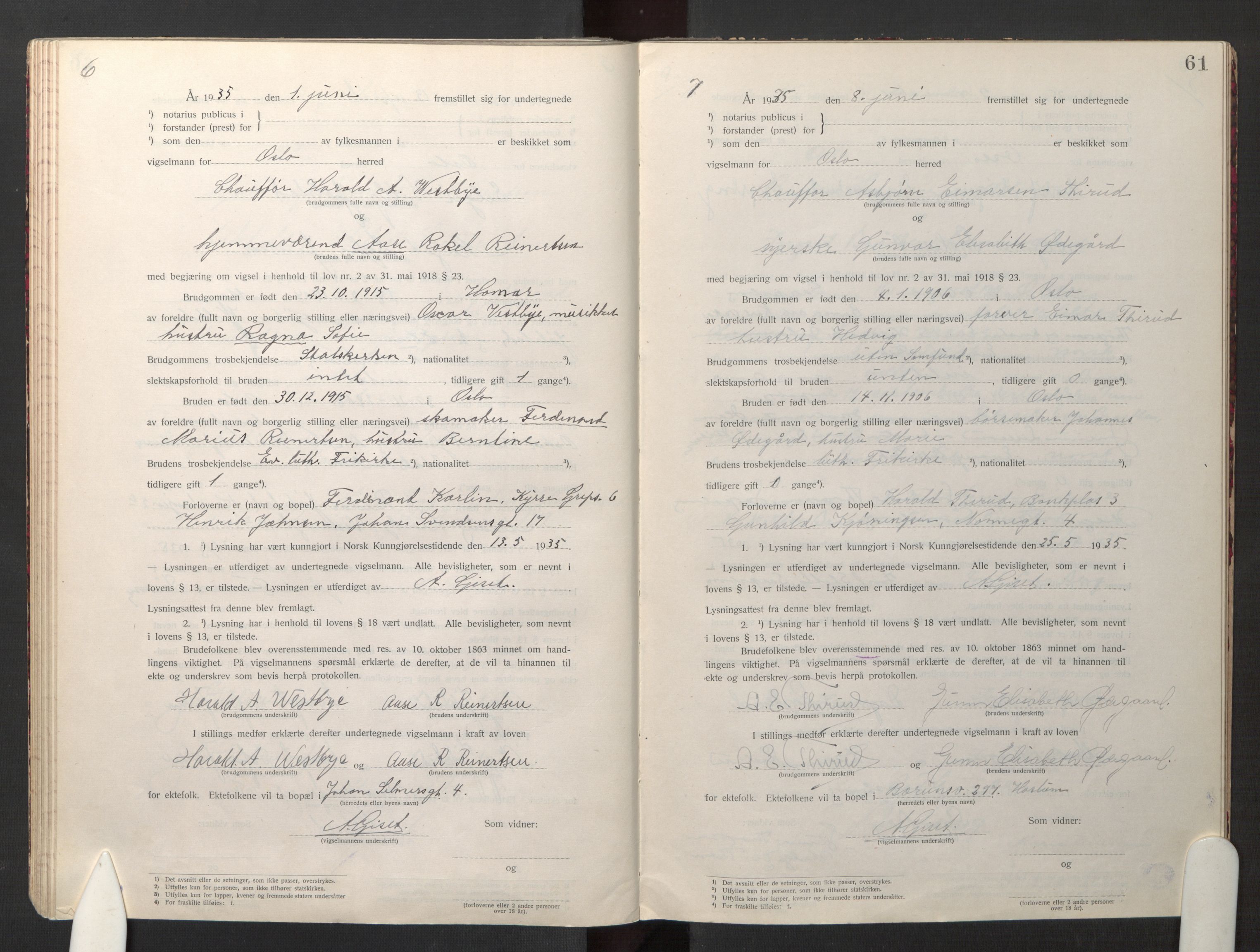 Den evangelisk-lutherske frikirke østre menighet, Oslo, AV/SAO-PAO-0245/F/L0005: Marriage register (dissenter) no. 5, 1920-1941, p. 61