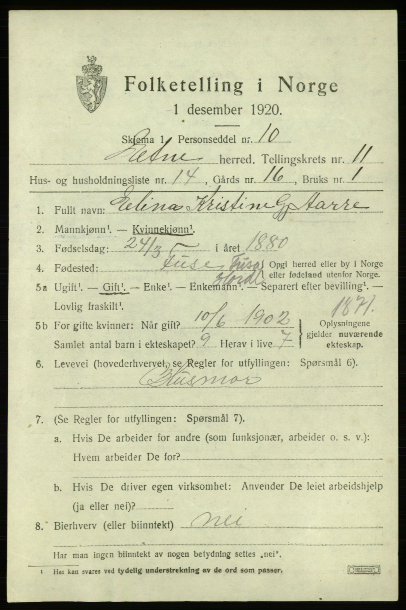 SAB, 1920 census for Etne, 1920, p. 4833