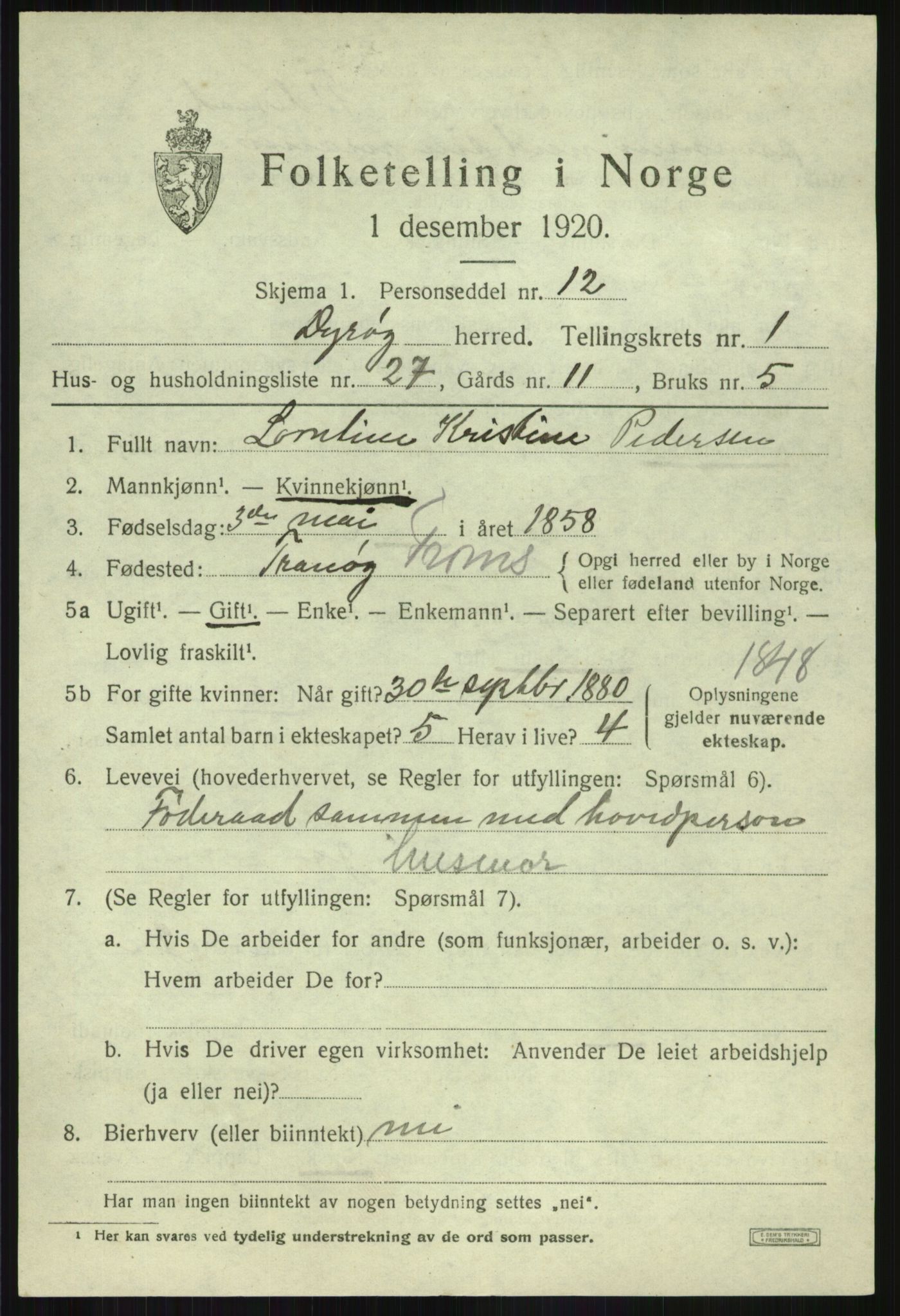 SATØ, 1920 census for Dyrøy, 1920, p. 1043