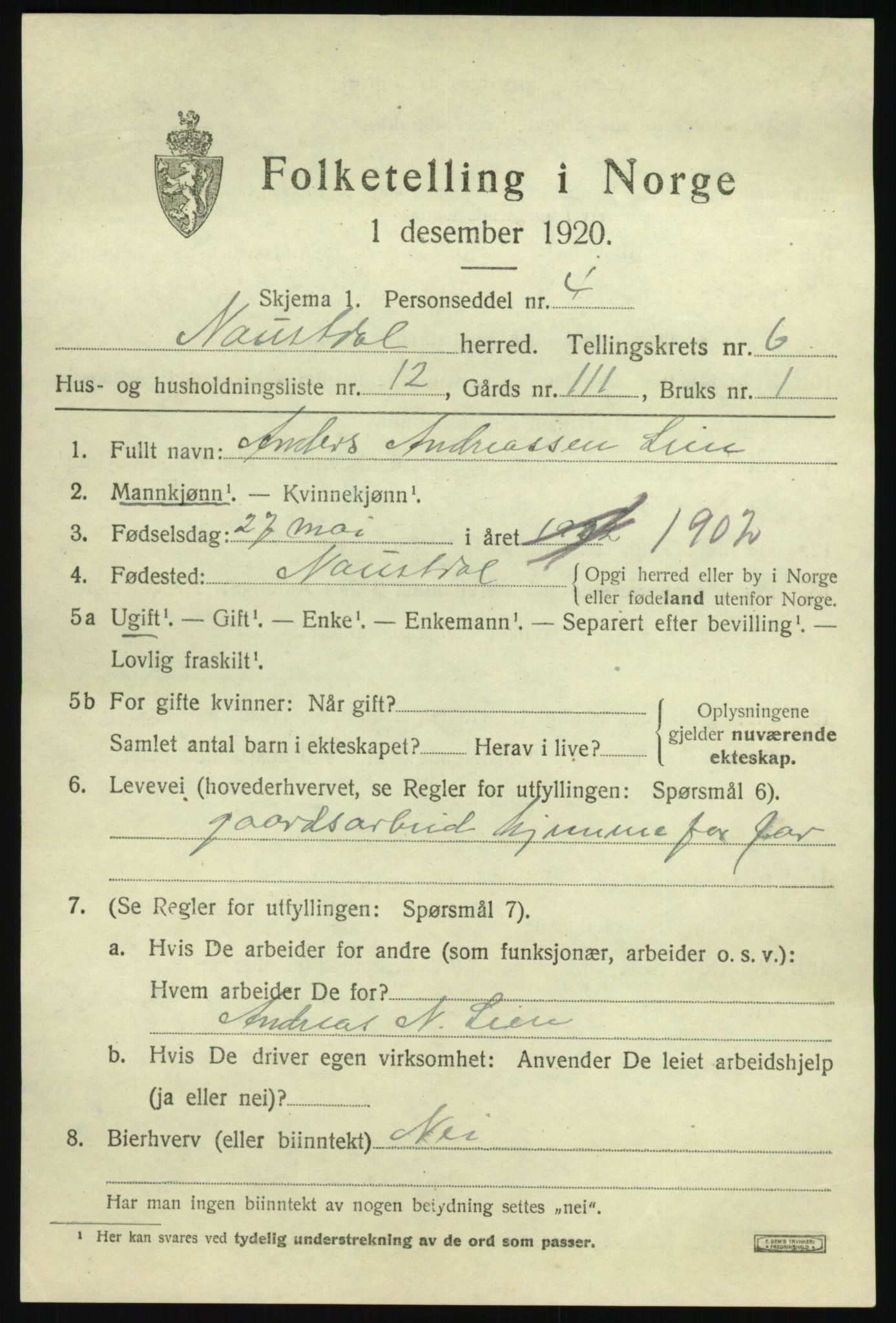 SAB, 1920 census for Naustdal, 1920, p. 3813