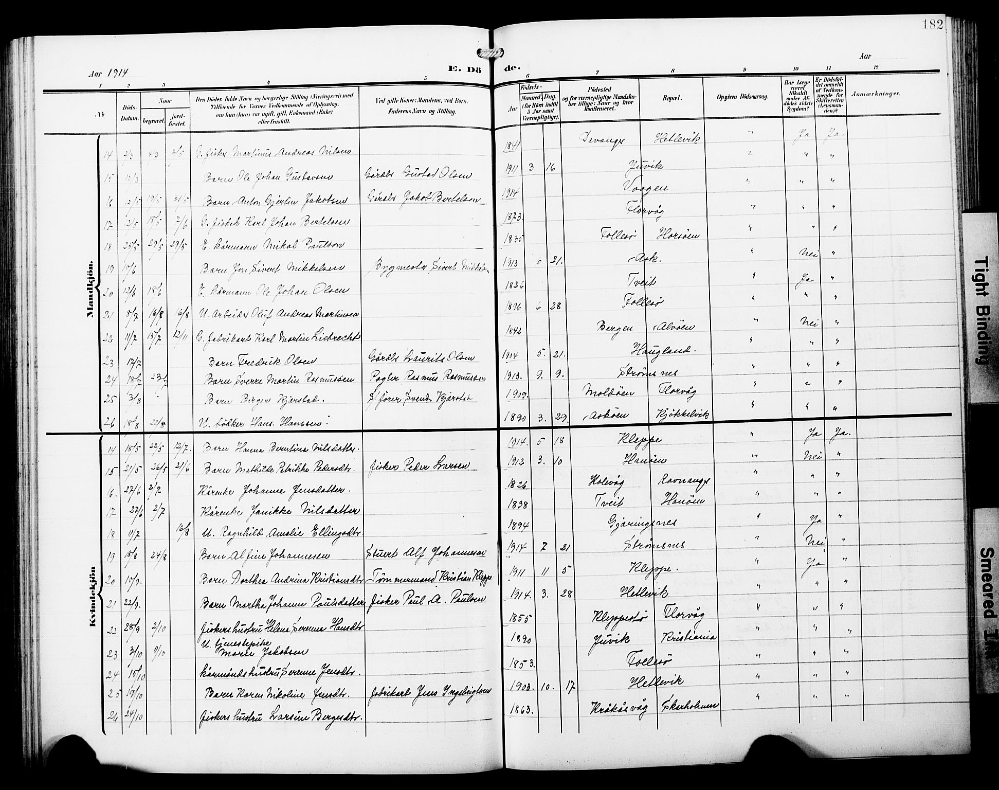 Askøy Sokneprestembete, SAB/A-74101/H/Ha/Hab/Haba/L0014: Parish register (copy) no. A 14, 1904-1927, p. 182