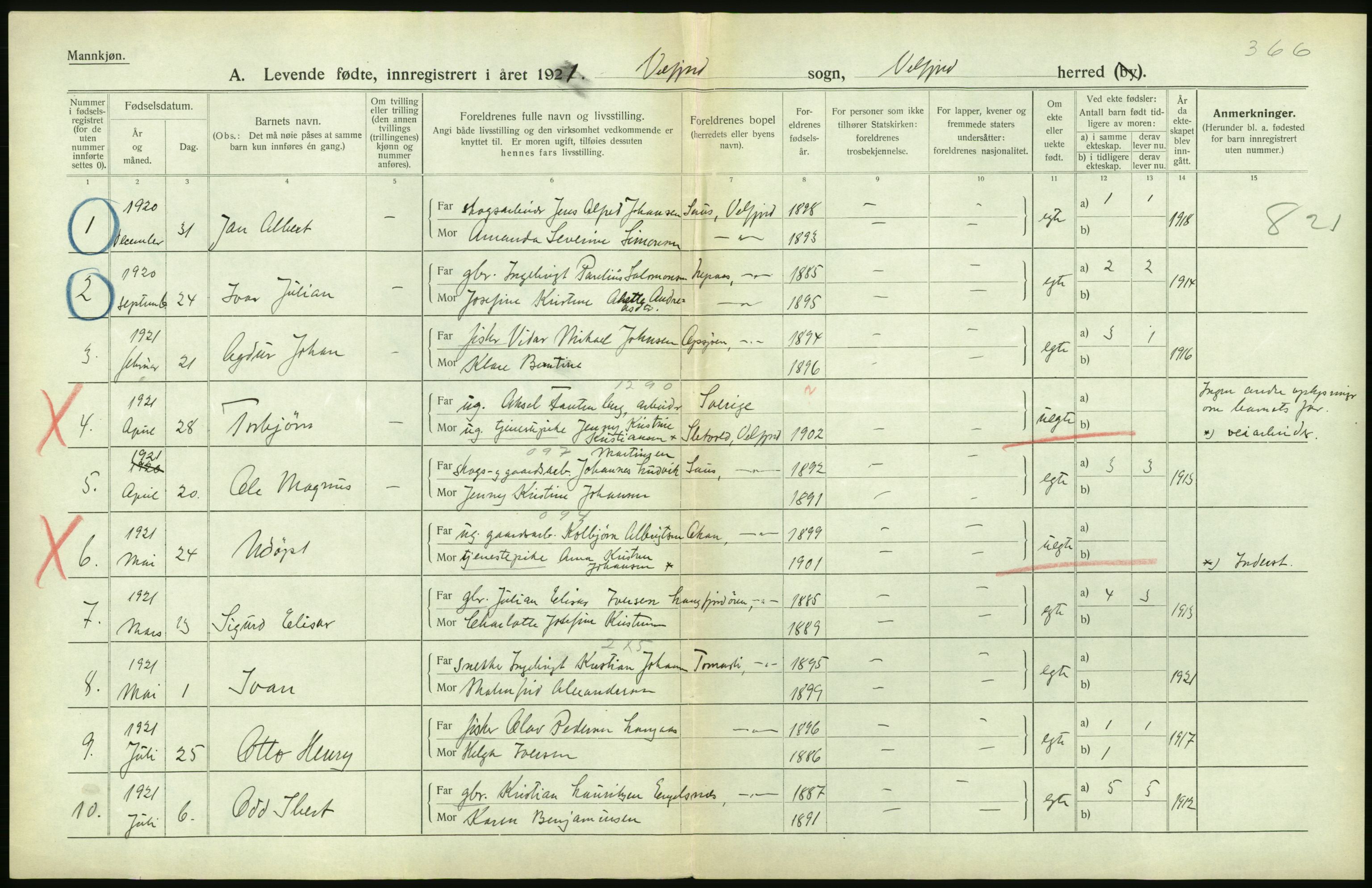 Statistisk sentralbyrå, Sosiodemografiske emner, Befolkning, AV/RA-S-2228/D/Df/Dfc/Dfca/L0049: Nordland fylke: Levendefødte menn og kvinner. Bygder., 1921, p. 492