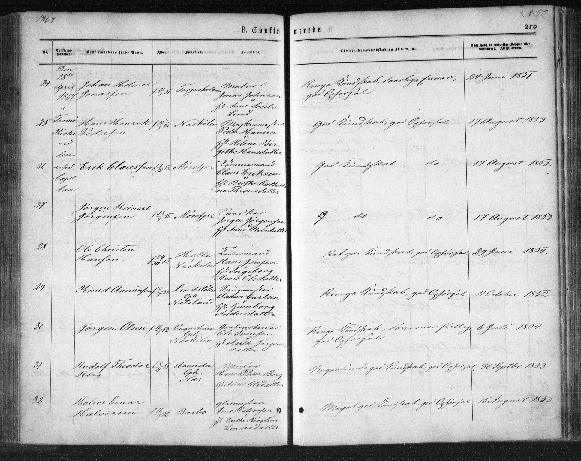 Tromøy sokneprestkontor, AV/SAK-1111-0041/F/Fa/L0007: Parish register (official) no. A 7, 1864-1869, p. 250