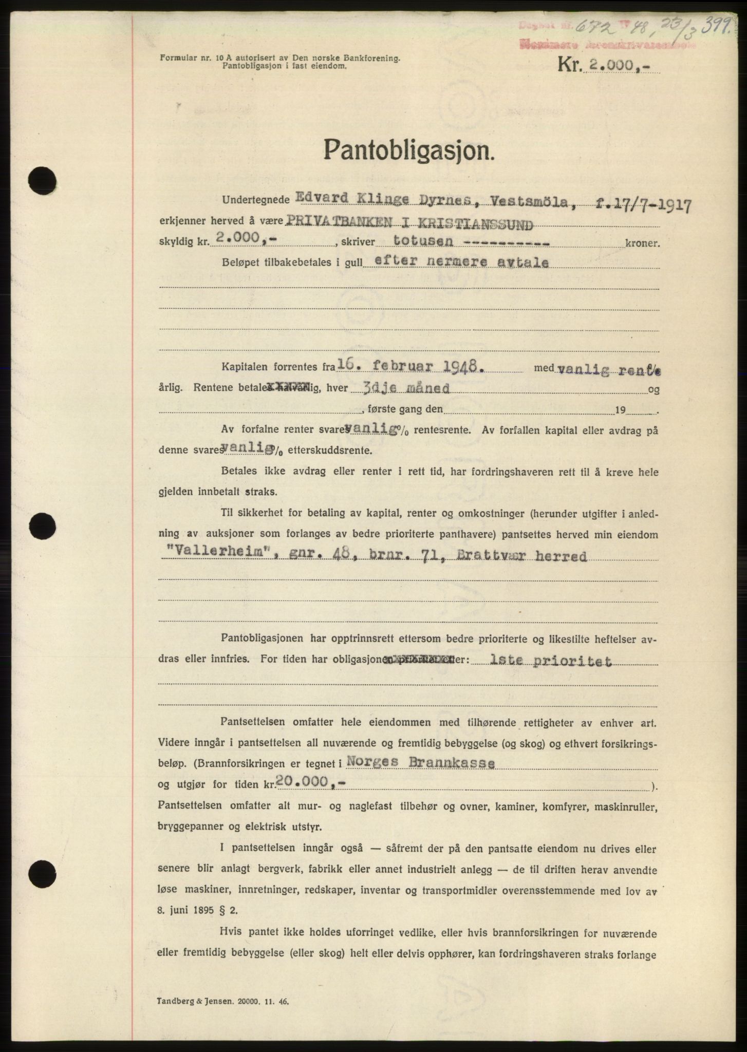 Nordmøre sorenskriveri, AV/SAT-A-4132/1/2/2Ca: Mortgage book no. B98, 1948-1948, Diary no: : 672/1948