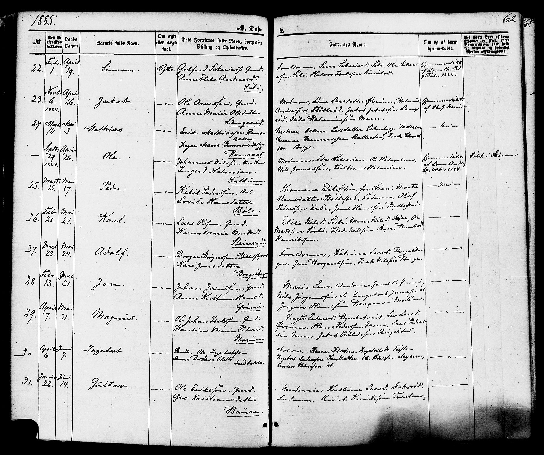 Gjerpen kirkebøker, AV/SAKO-A-265/F/Fa/L0009: Parish register (official) no. I 9, 1872-1885, p. 62