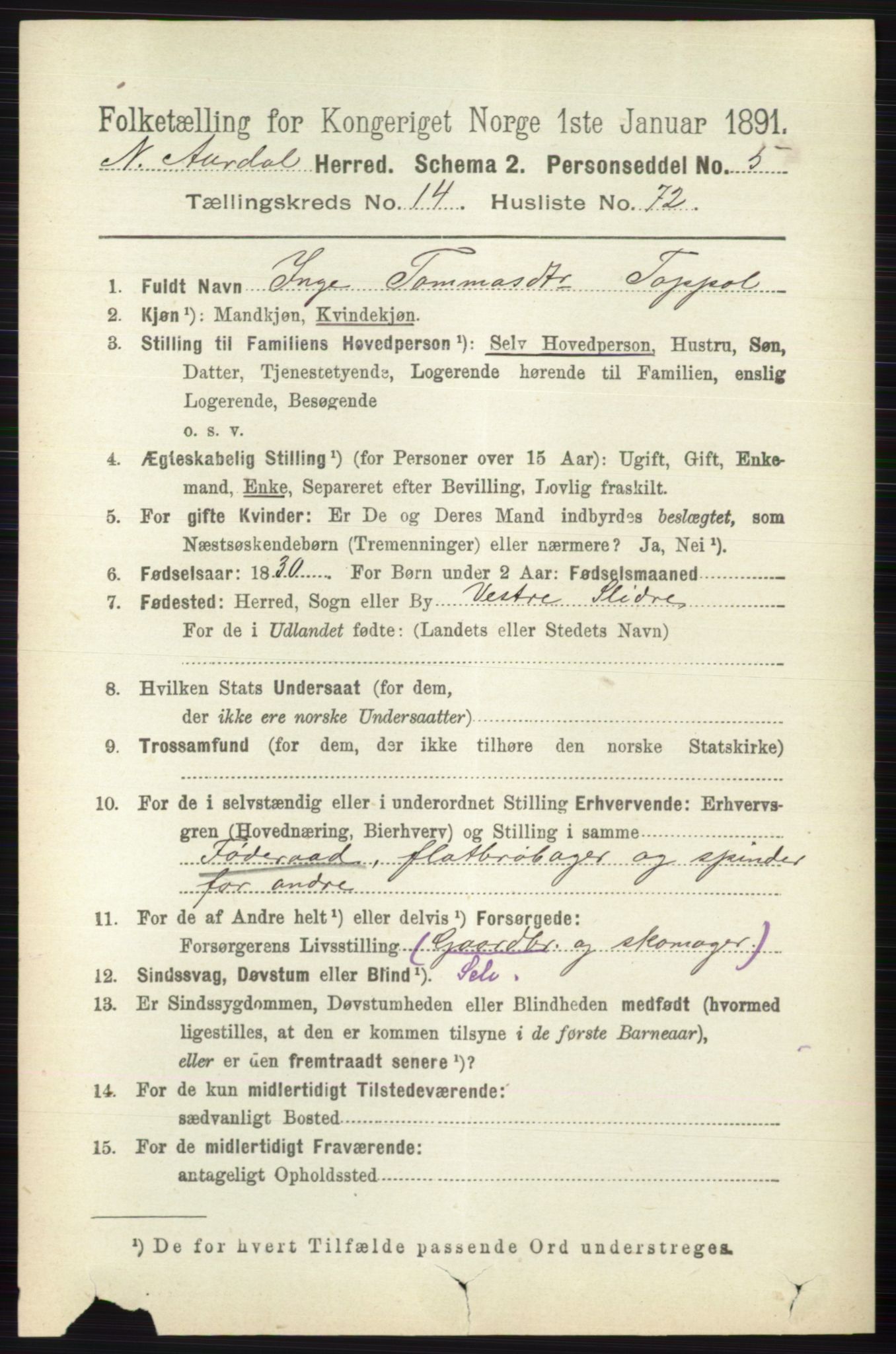 RA, 1891 census for 0542 Nord-Aurdal, 1891, p. 5664