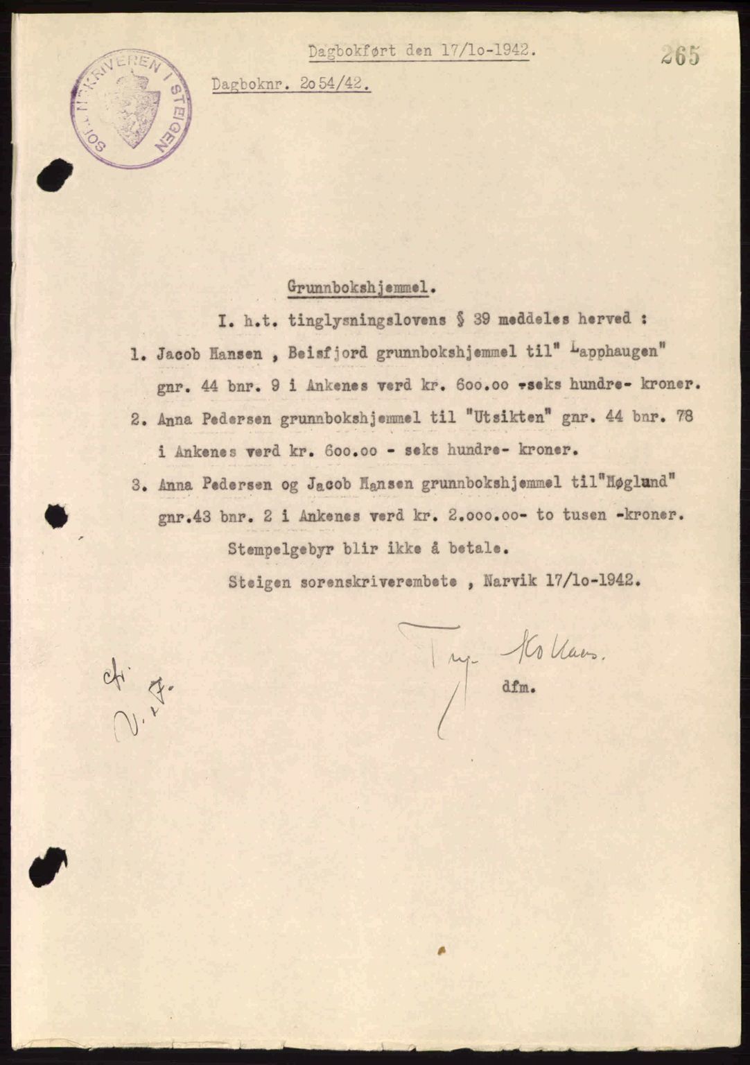 Steigen og Ofoten sorenskriveri, AV/SAT-A-0030/1/2/2C: Mortgage book no. A9-12, 1942-1946, Diary no: : 2054/1942