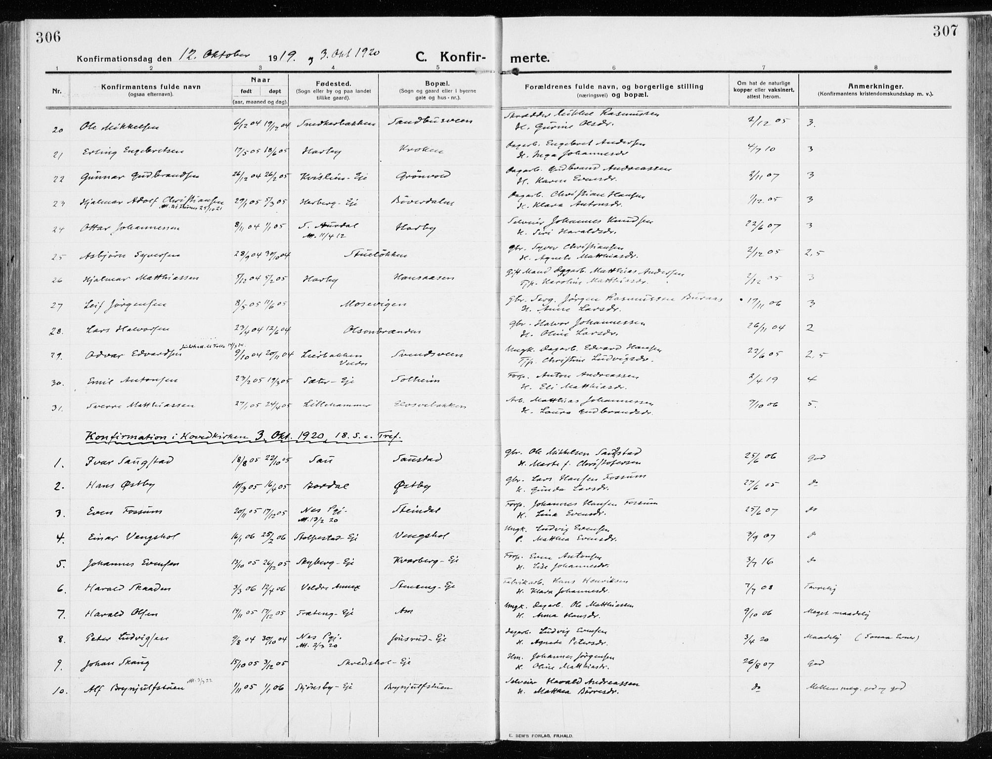 Ringsaker prestekontor, AV/SAH-PREST-014/K/Ka/L0020: Parish register (official) no. 20, 1913-1922, p. 306-307