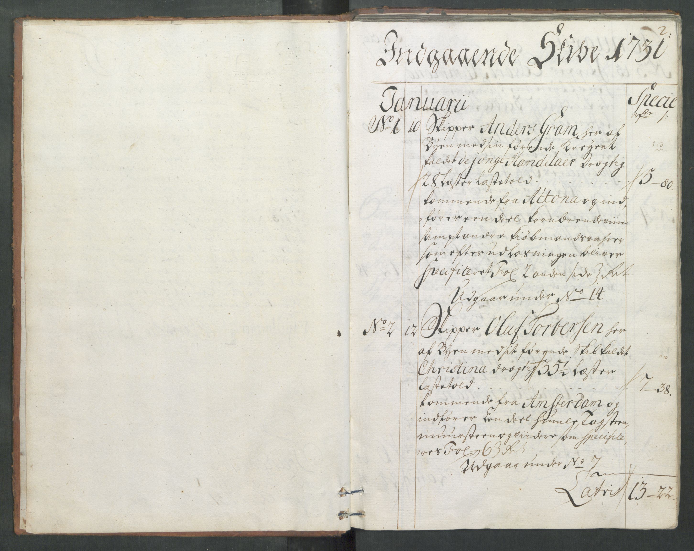 Generaltollkammeret, tollregnskaper, RA/EA-5490/R33/L0013/0001: Tollregnskaper Trondheim A / Inngående tollbok, 1731, p. 1b-2a