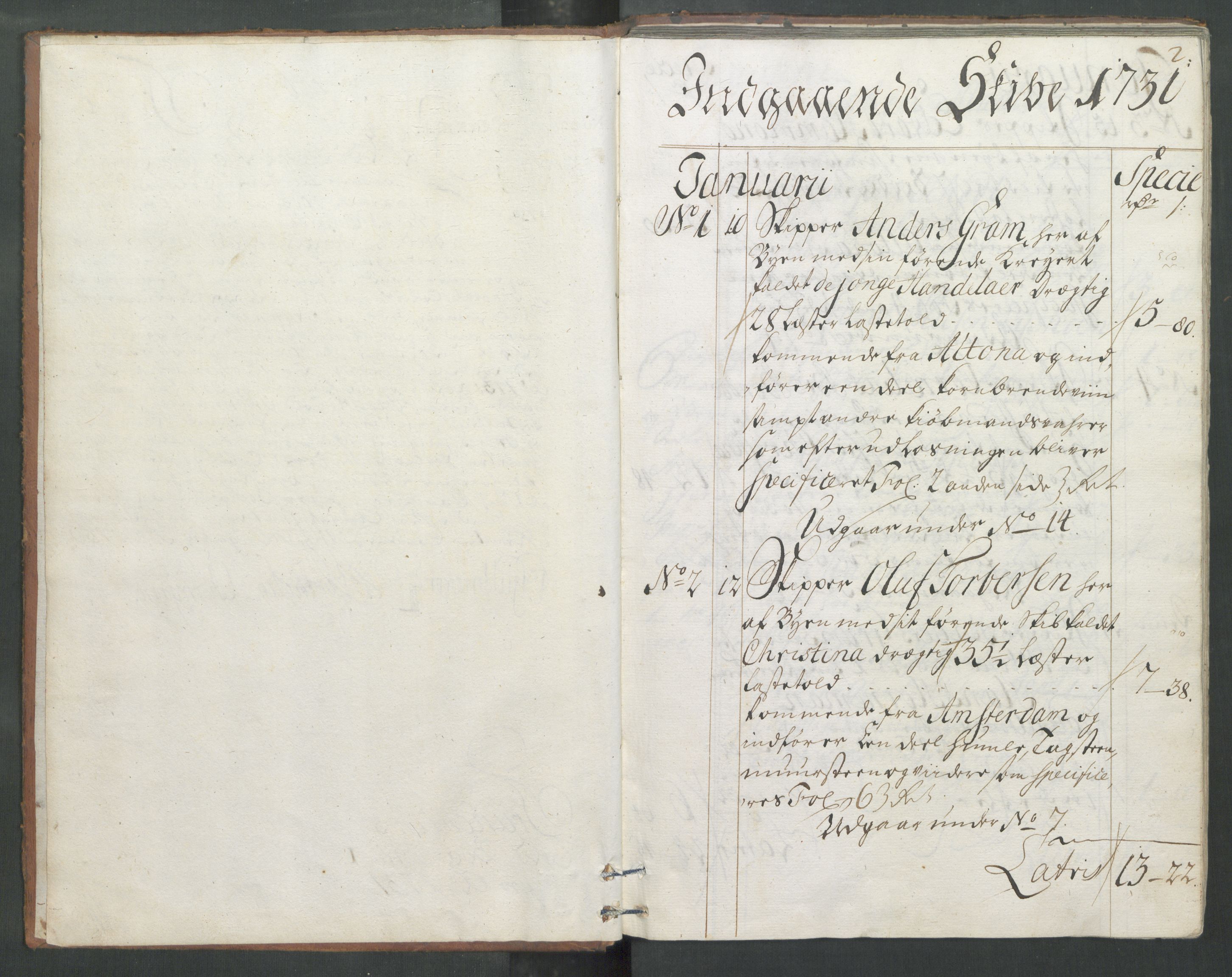 Generaltollkammeret, tollregnskaper, AV/RA-EA-5490/R33/L0013/0001: Tollregnskaper Trondheim A / Inngående tollbok, 1731, p. 1b-2a