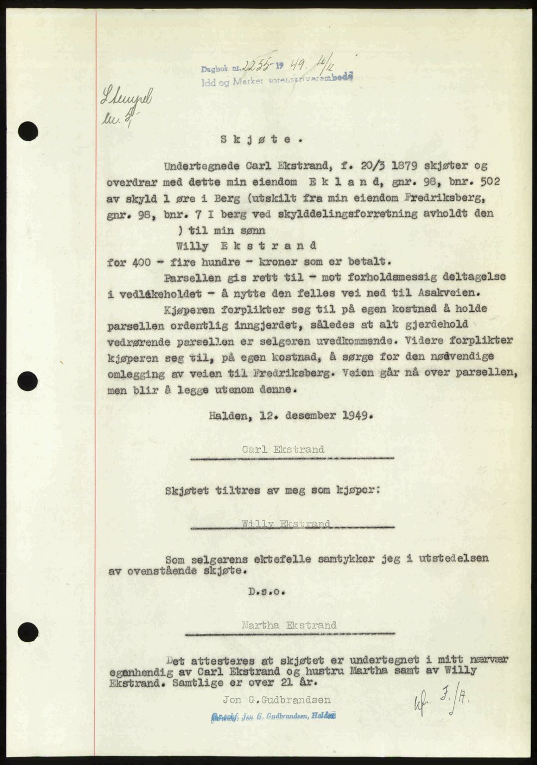 Idd og Marker sorenskriveri, AV/SAO-A-10283/G/Gb/Gbb/L0013: Mortgage book no. A13, 1949-1950, Diary no: : 2255/1949