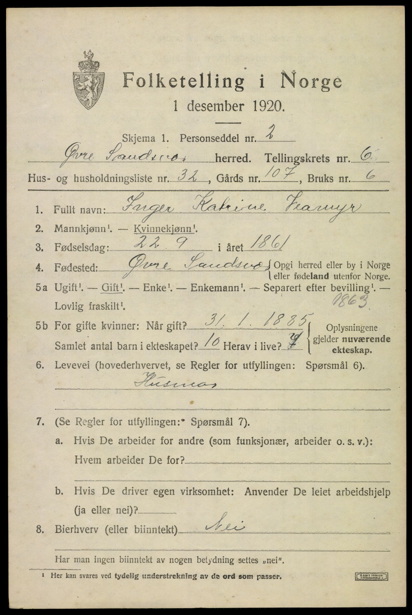 SAKO, 1920 census for Øvre Sandsvær, 1920, p. 3714