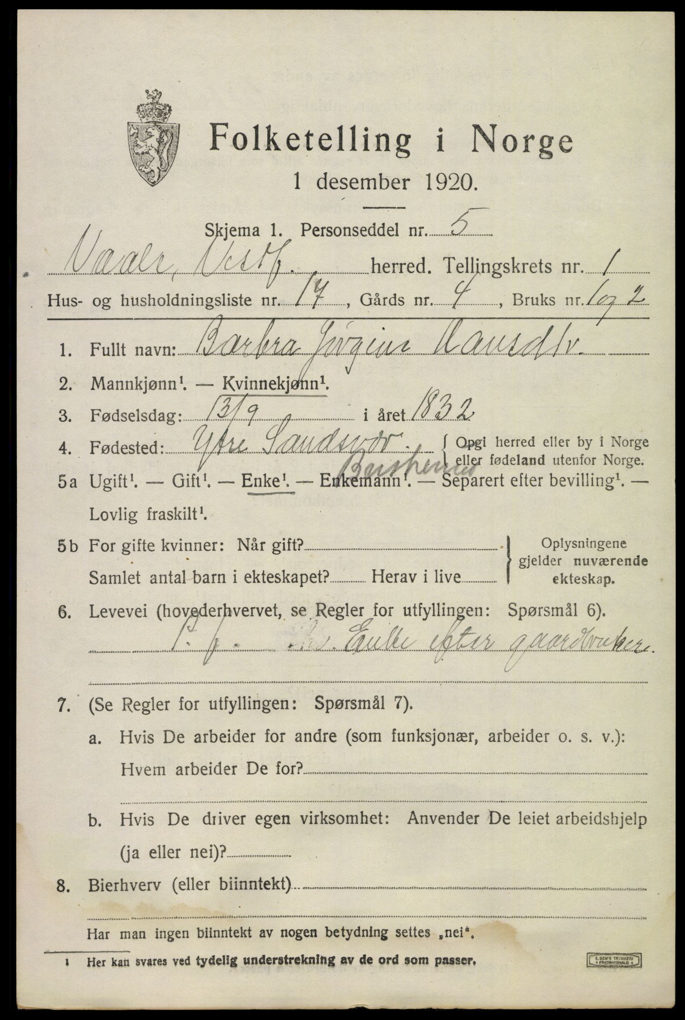 SAKO, 1920 census for Våle, 1920, p. 1272