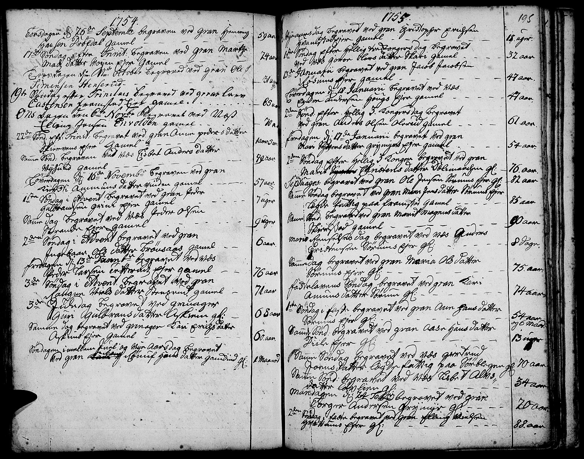 Gran prestekontor, SAH/PREST-112/H/Ha/Haa/L0003: Parish register (official) no. 3, 1745-1758, p. 195