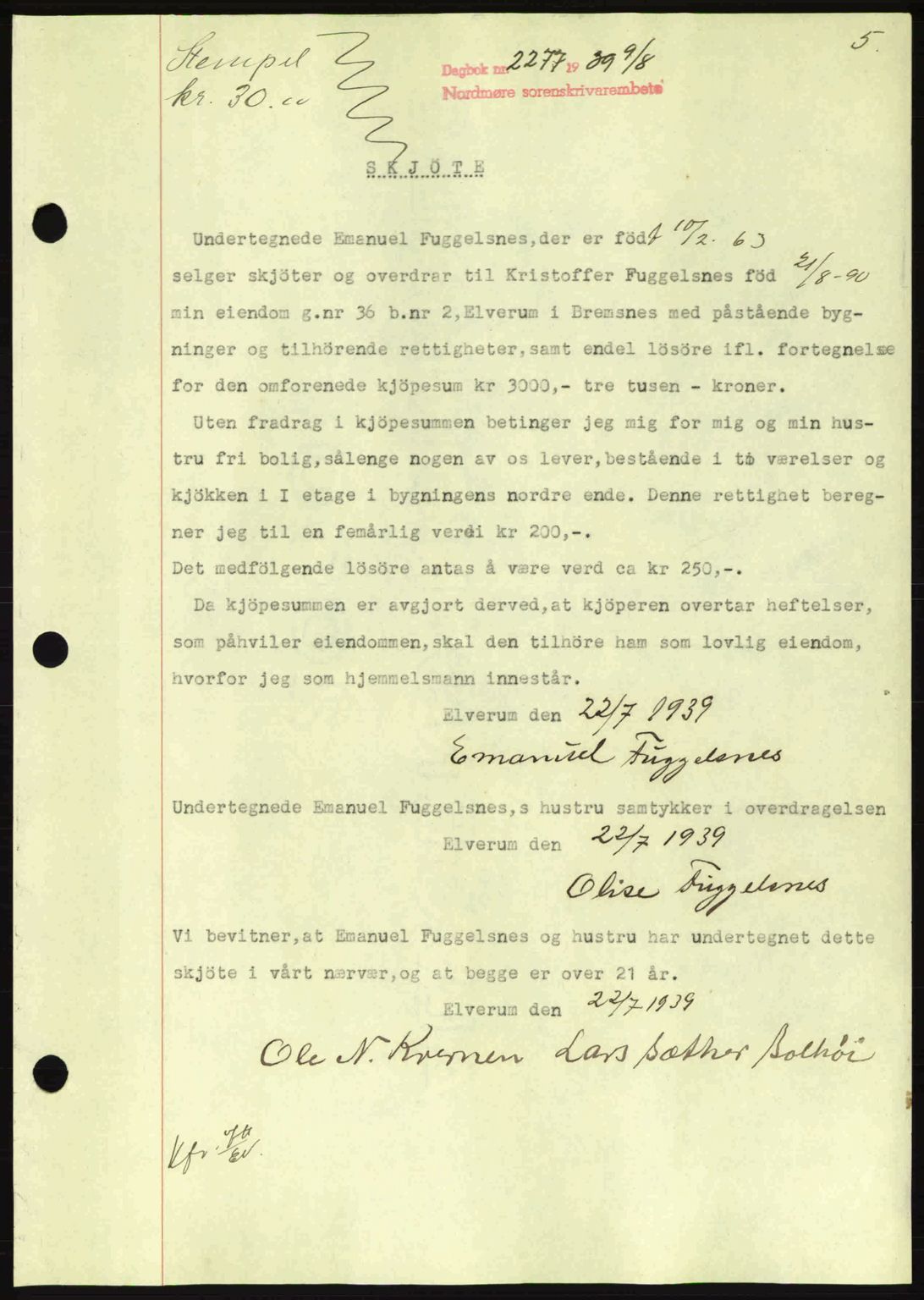 Nordmøre sorenskriveri, AV/SAT-A-4132/1/2/2Ca: Mortgage book no. A87, 1939-1940, Diary no: : 2277/1939