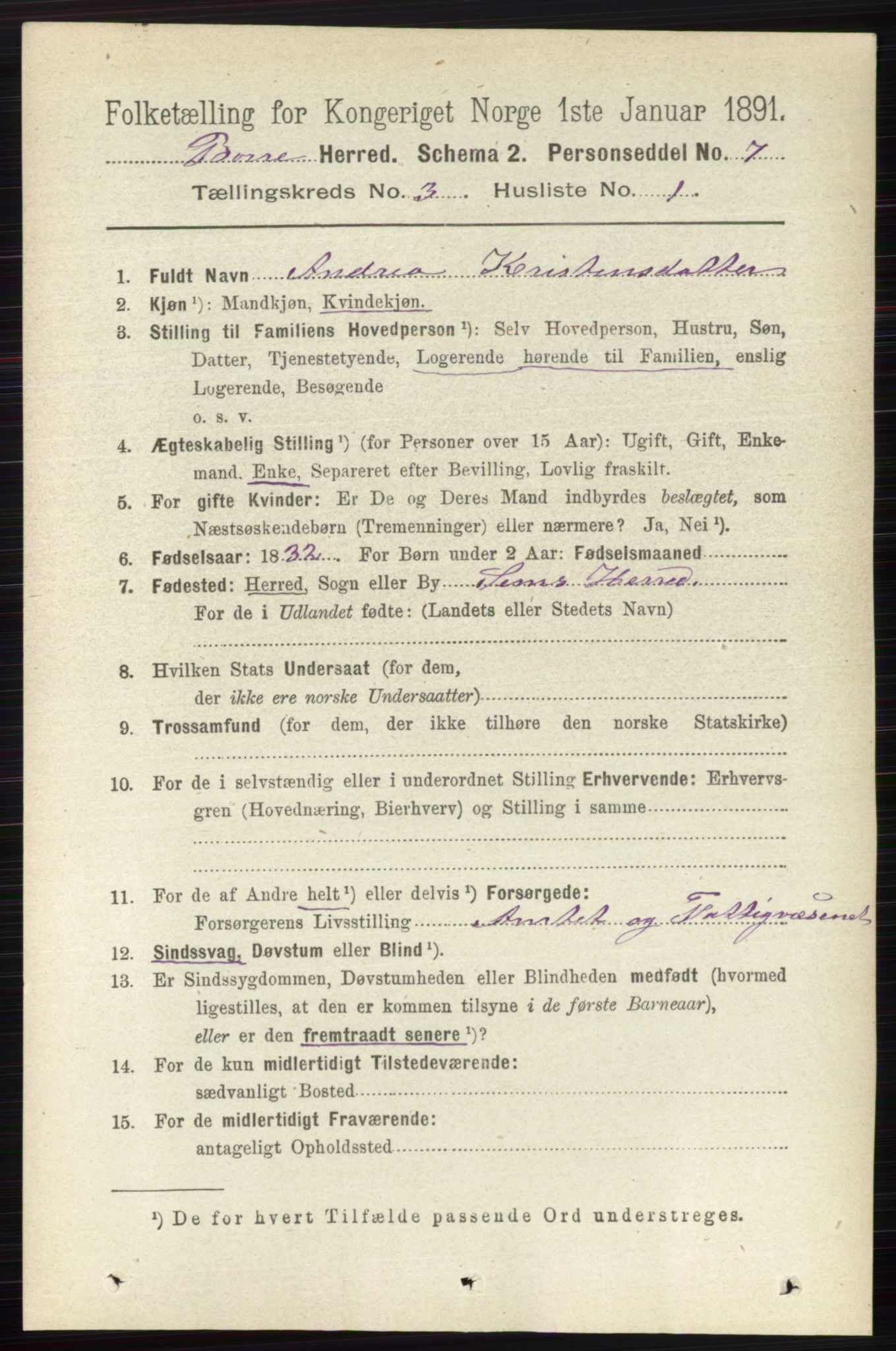 RA, 1891 census for 0717 Borre, 1891, p. 1221