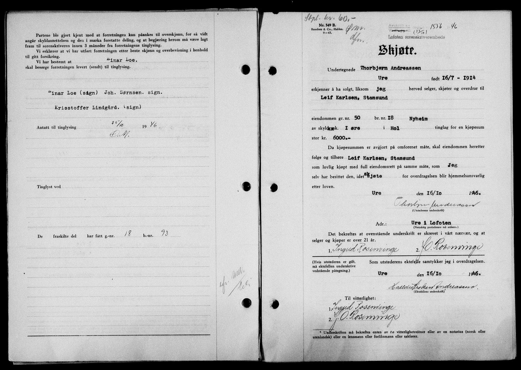 Lofoten sorenskriveri, SAT/A-0017/1/2/2C/L0014a: Mortgage book no. 14a, 1946-1946, Diary no: : 1556/1946