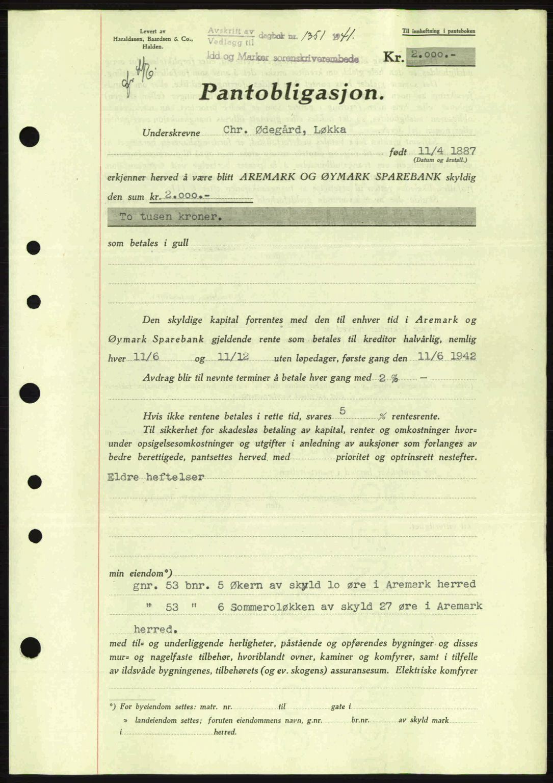 Idd og Marker sorenskriveri, AV/SAO-A-10283/G/Gb/Gbc/L0002: Mortgage book no. B4-9a, 1939-1945, Diary no: : 1351/1941