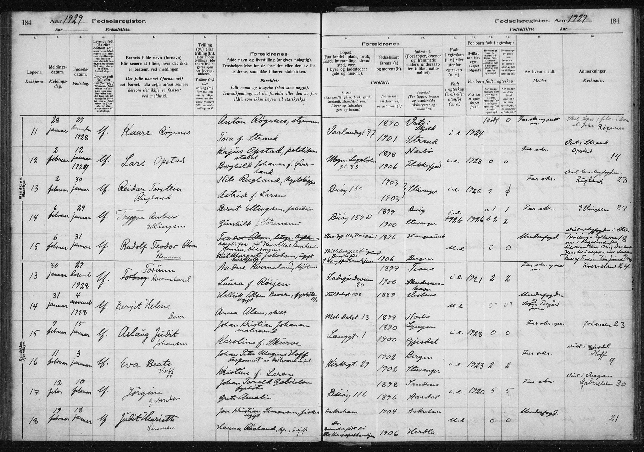 St. Petri sokneprestkontor, AV/SAST-A-101813/002/A/L0002: Birth register no. 2, 1922-1929, p. 184