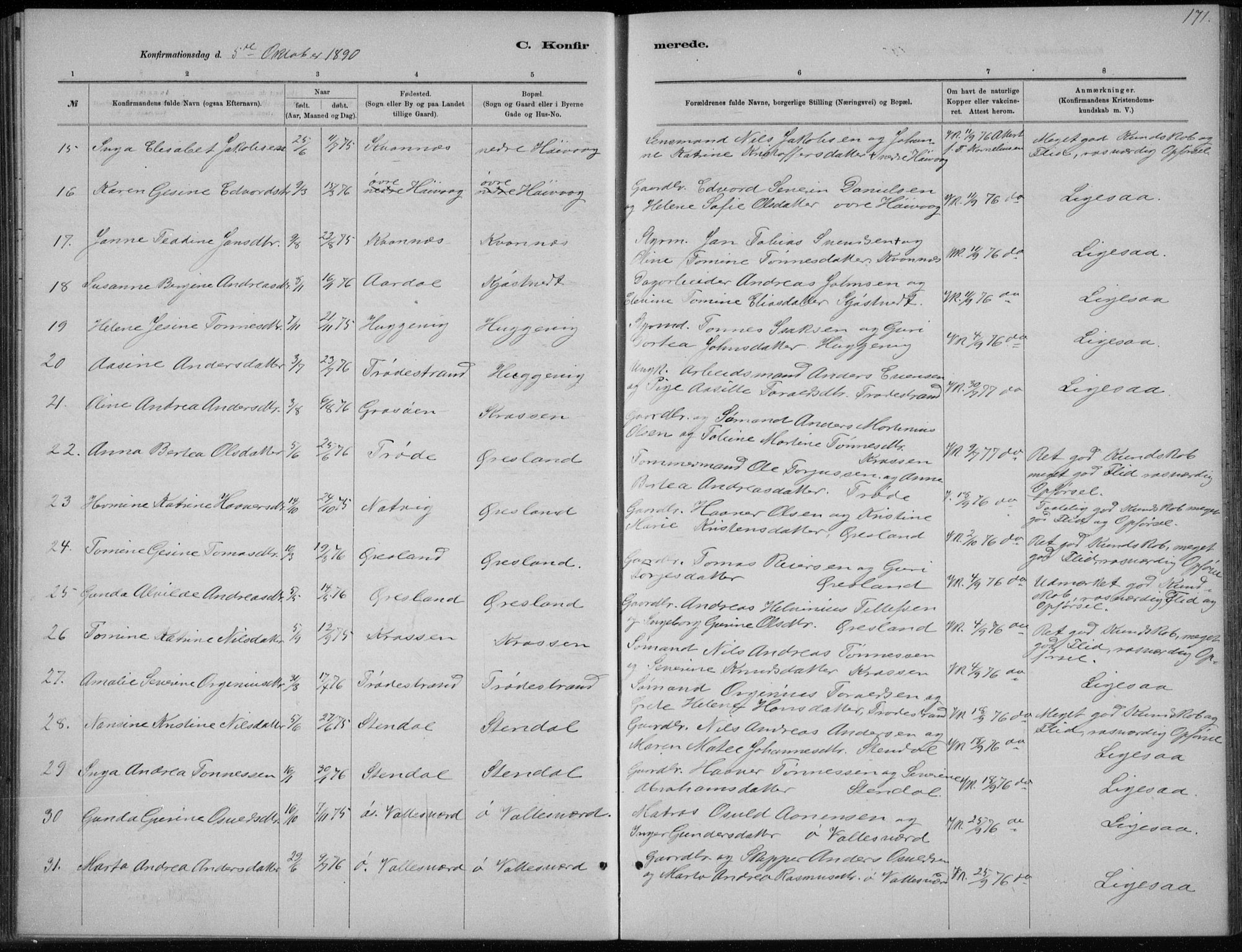 Høvåg sokneprestkontor, SAK/1111-0025/F/Fb/L0004: Parish register (copy) no. B 4, 1883-1898, p. 171