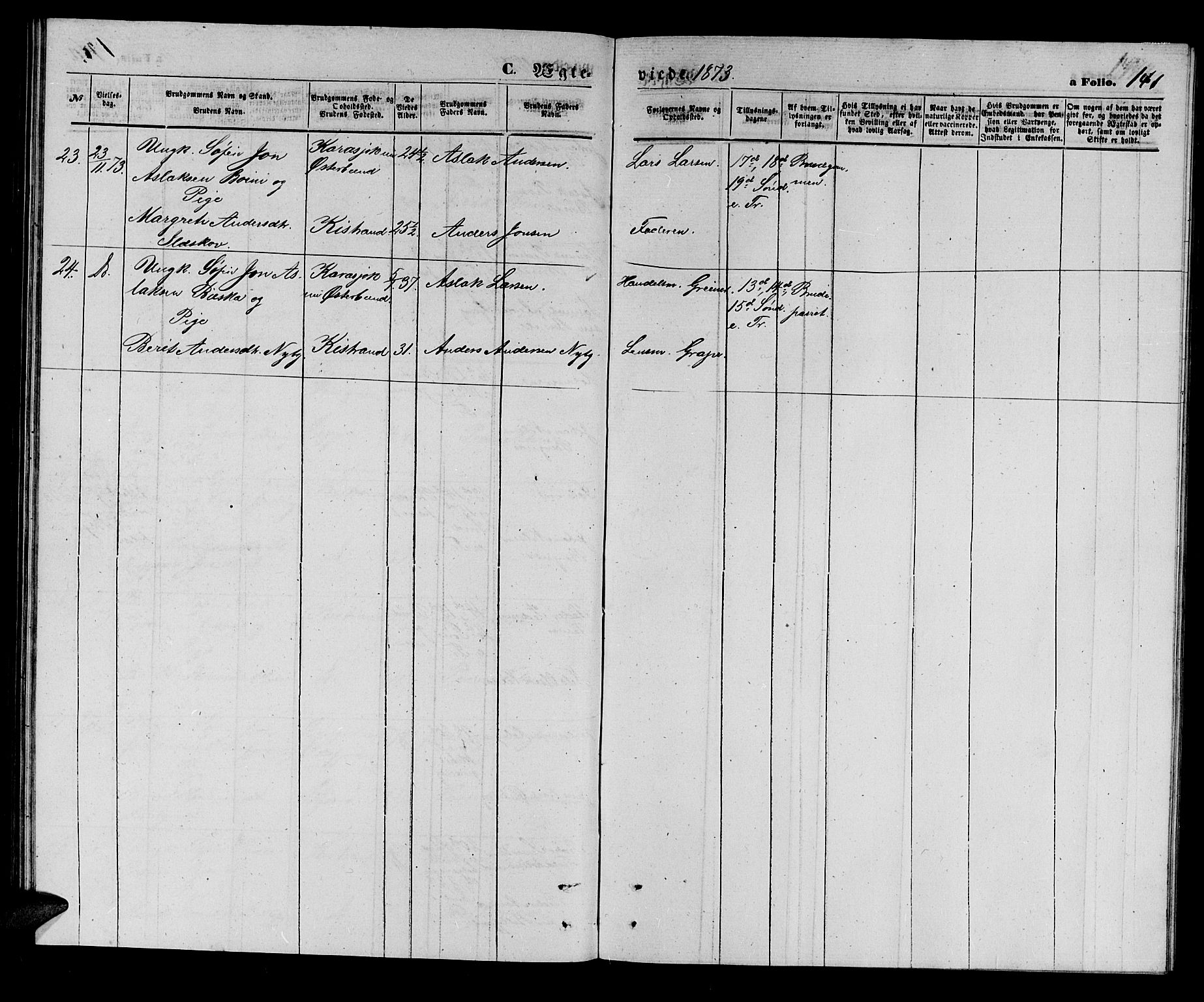 Kistrand/Porsanger sokneprestembete, AV/SATØ-S-1351/H/Hb/L0002.klokk: Parish register (copy) no. 2, 1862-1873, p. 141