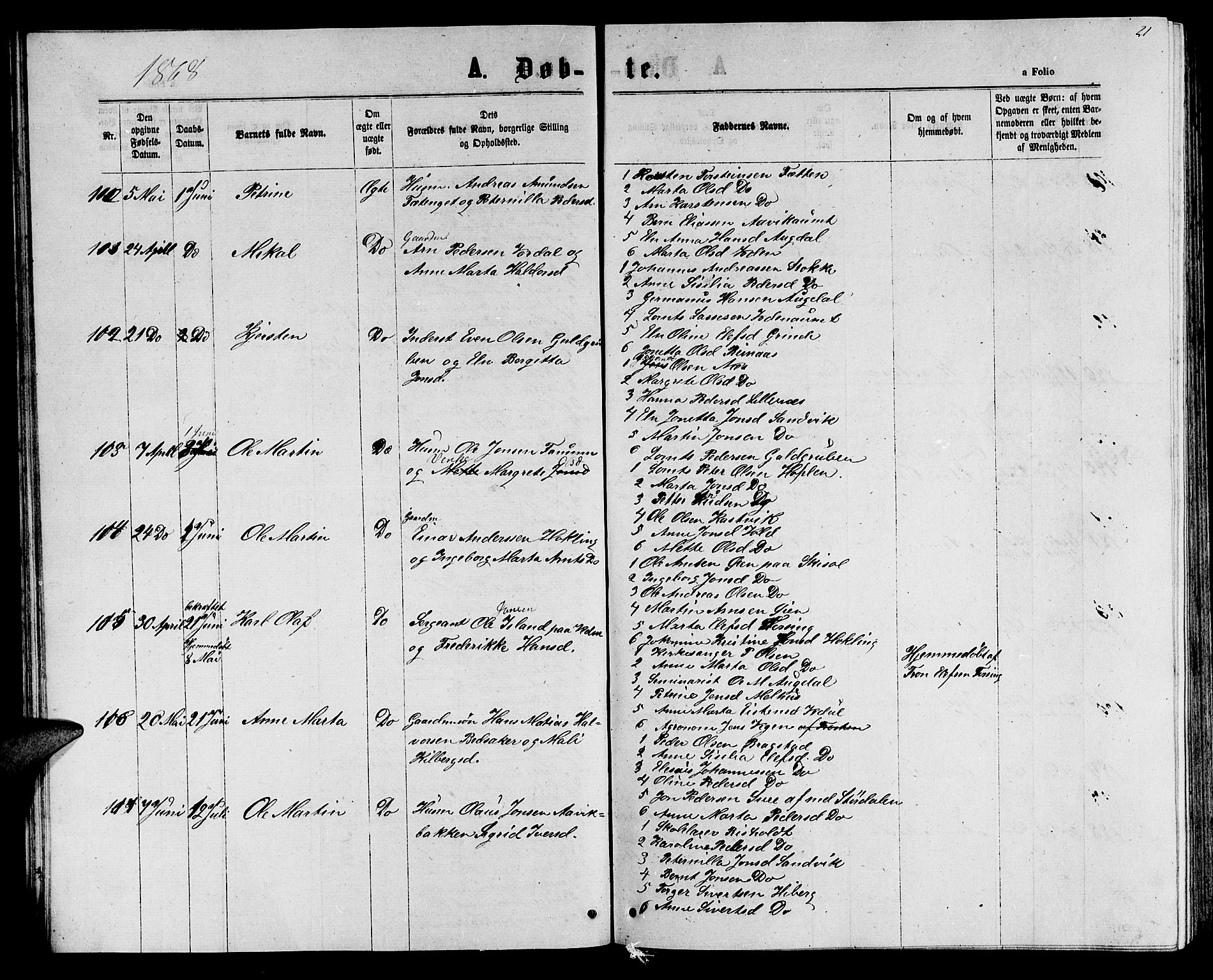 Ministerialprotokoller, klokkerbøker og fødselsregistre - Nord-Trøndelag, SAT/A-1458/714/L0133: Parish register (copy) no. 714C02, 1865-1877, p. 21