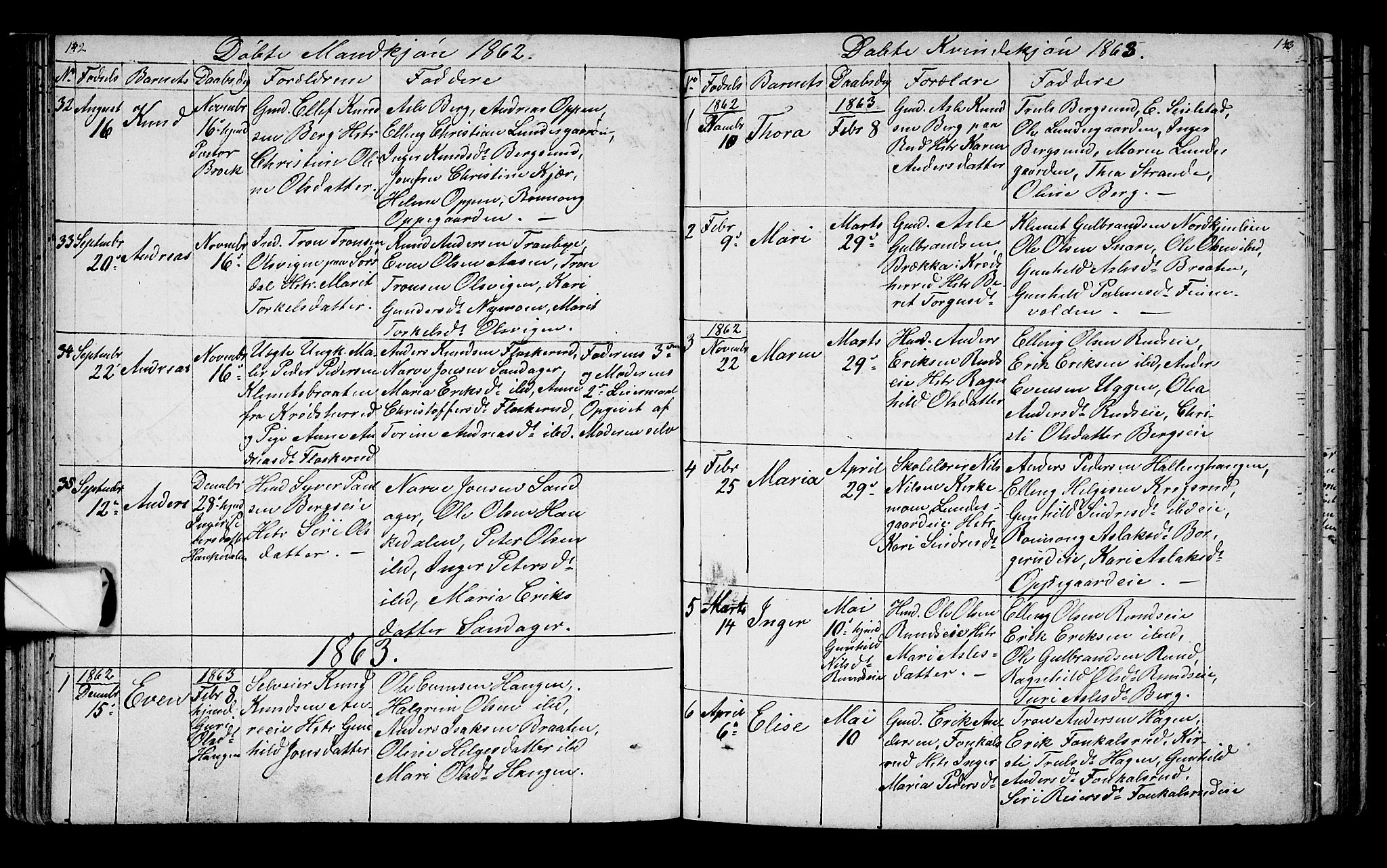 Lunder kirkebøker, AV/SAKO-A-629/G/Ga/L0002: Parish register (copy) no. I 2, 1849-1868, p. 142-143